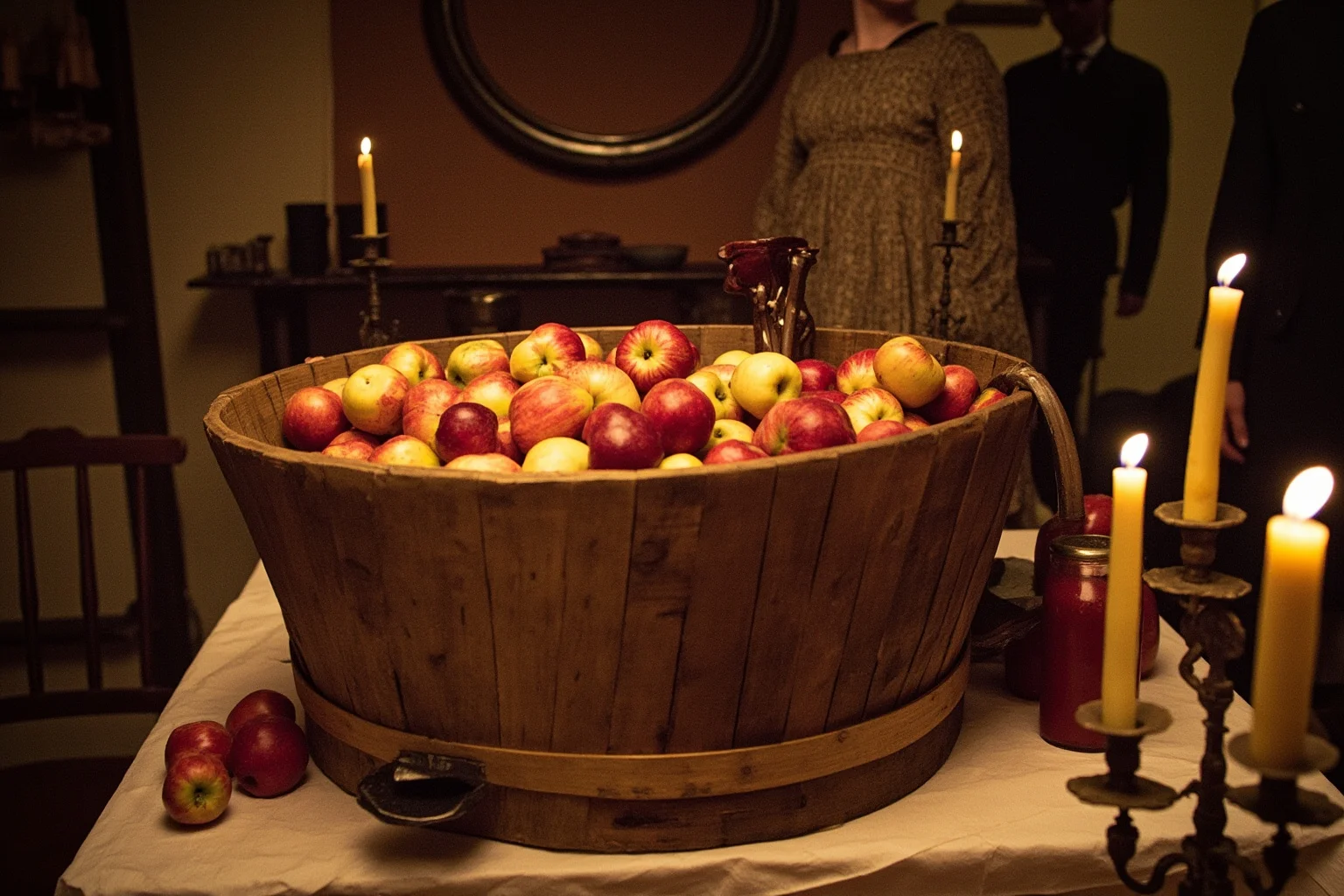 Traditional apple bobbing game in a wooden basin at an old harvest party, candlelit room, 19th century setting, historical illustration, no text