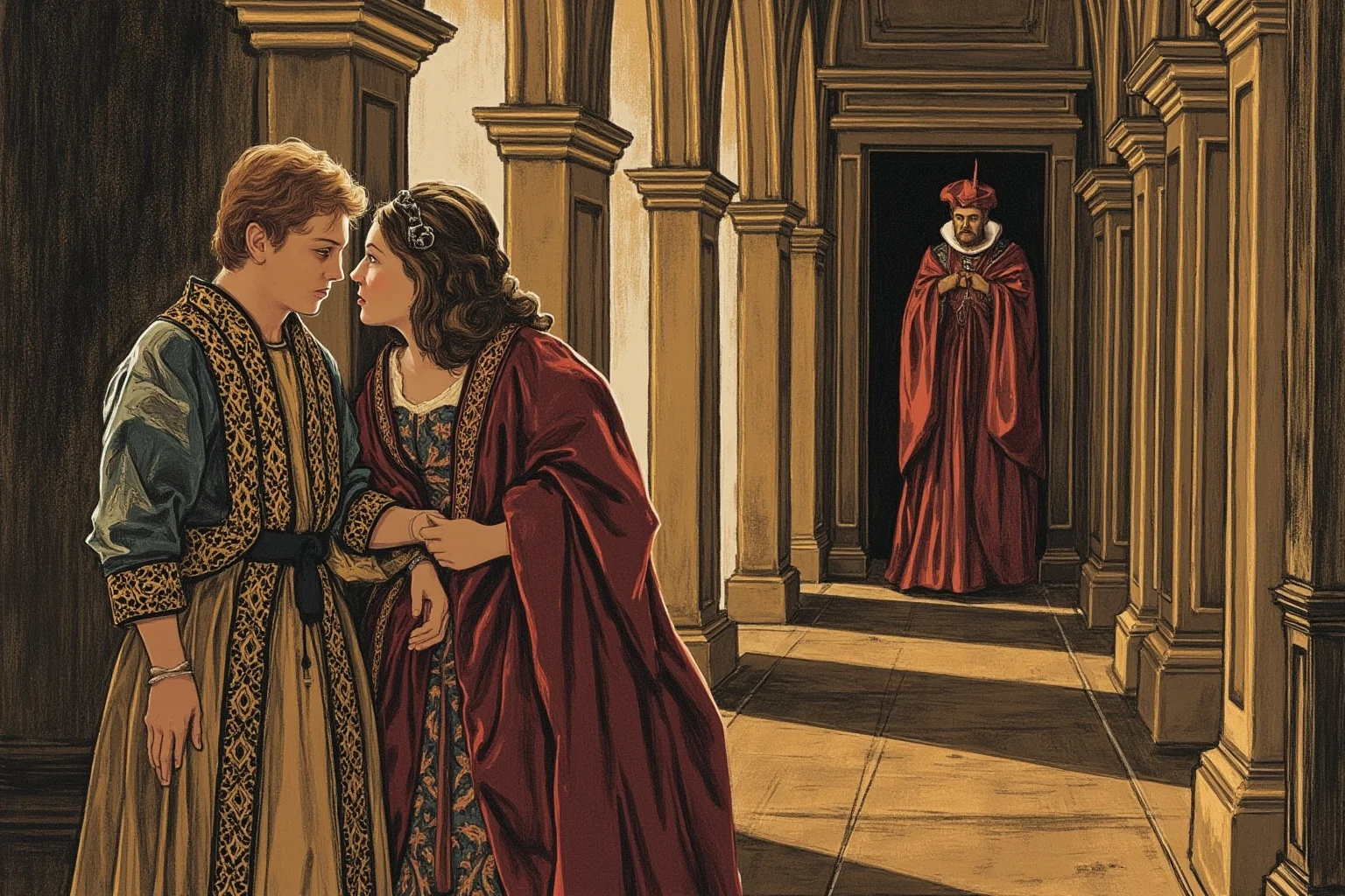 20 Facts About Anne Boleyn: Myths, History and Real Life 7 Tudor couple talking quietly in a palace corridor while a stern cardinal in red robes looks on from a doorway, illustrated style