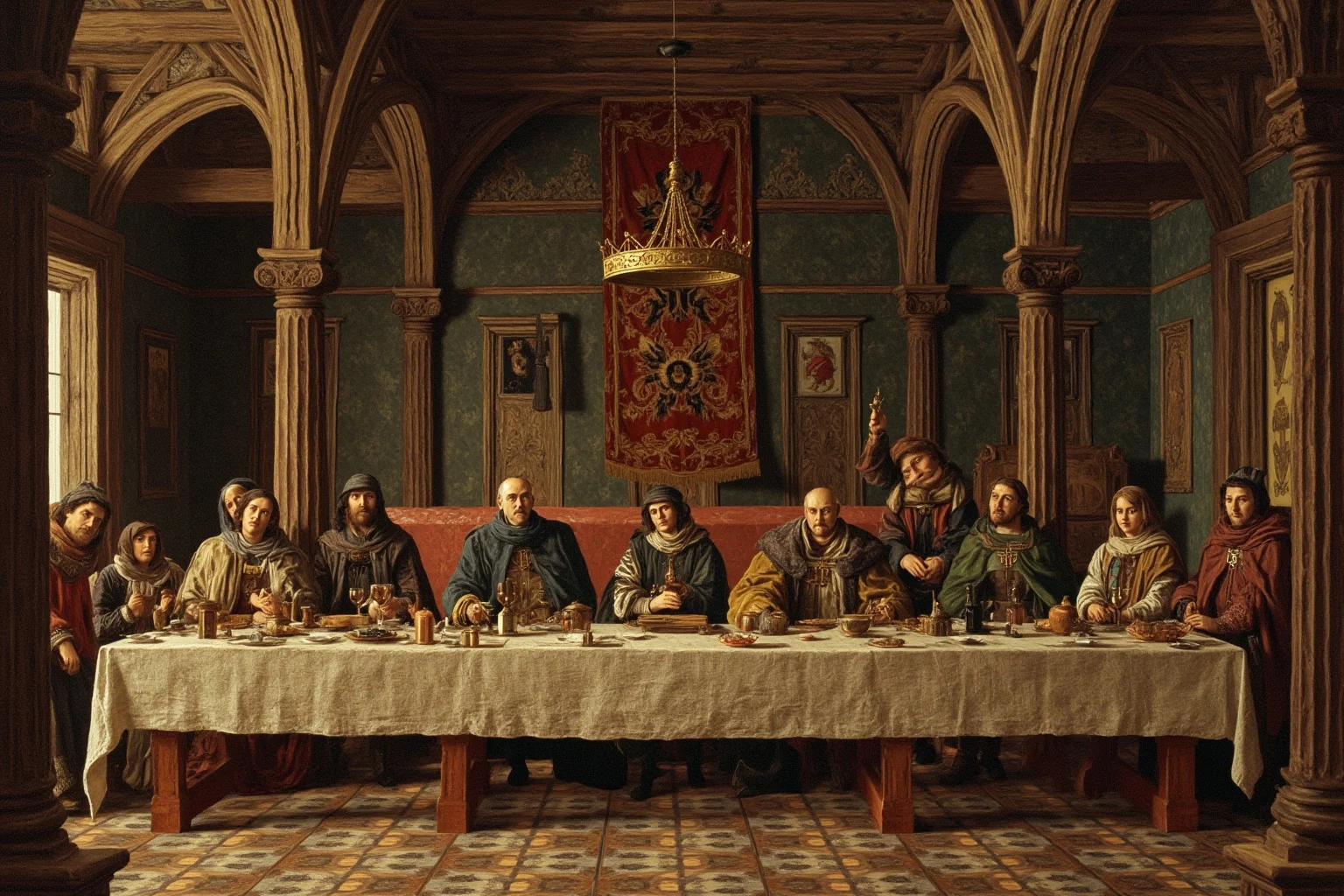 Tudor-era royal banquet hall with a long feast table, heraldic banners and a golden crown, painterly style, no recognisable faces