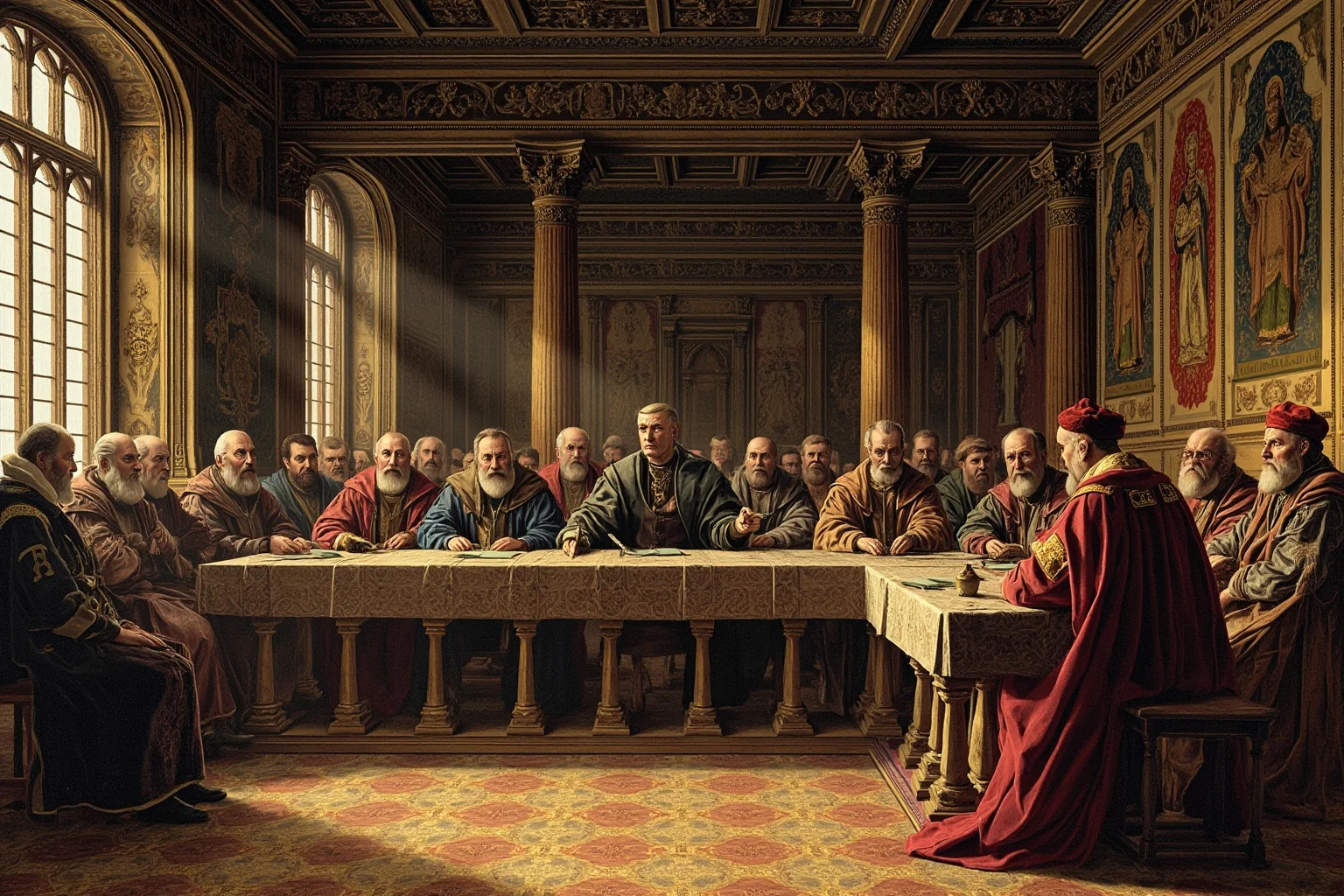 20 Facts About Anne Boleyn: Myths, History and Real Life 18 Tudor hall of peers with a nobleman presiding at a long table, with a line of lords seated in robes, historical illustration style