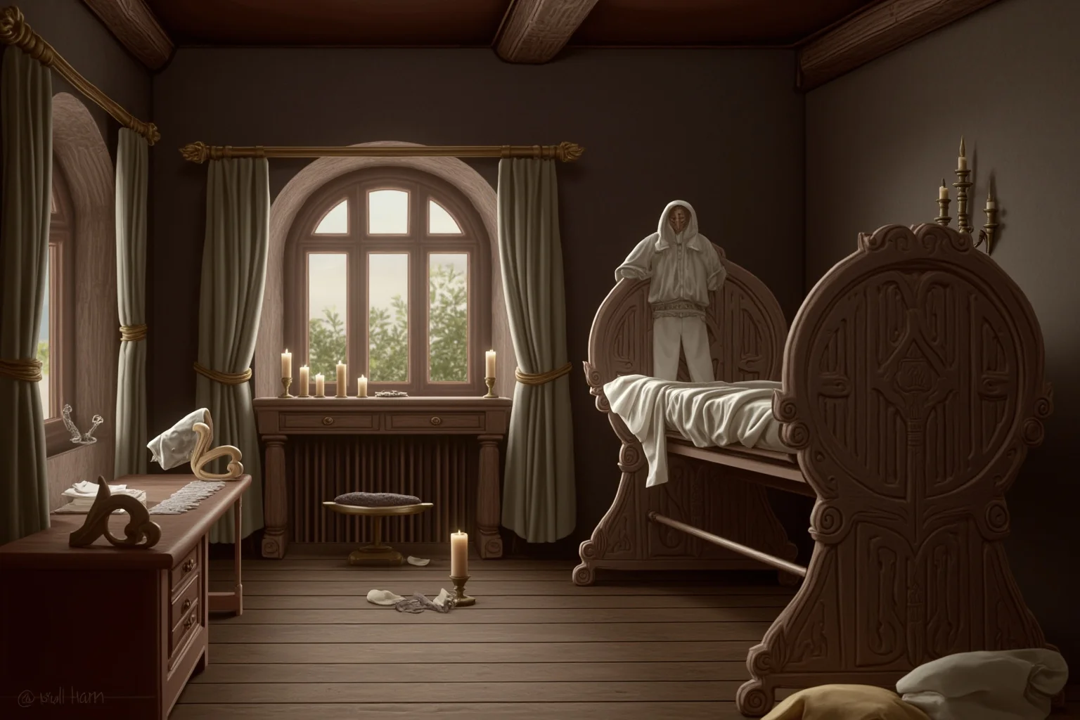 20 Facts About Anne Boleyn: Myths, History and Real Life 14 Tudor nursery with an empty carved cradle and a baby's christening gown, soft candlelight, historical illustration style