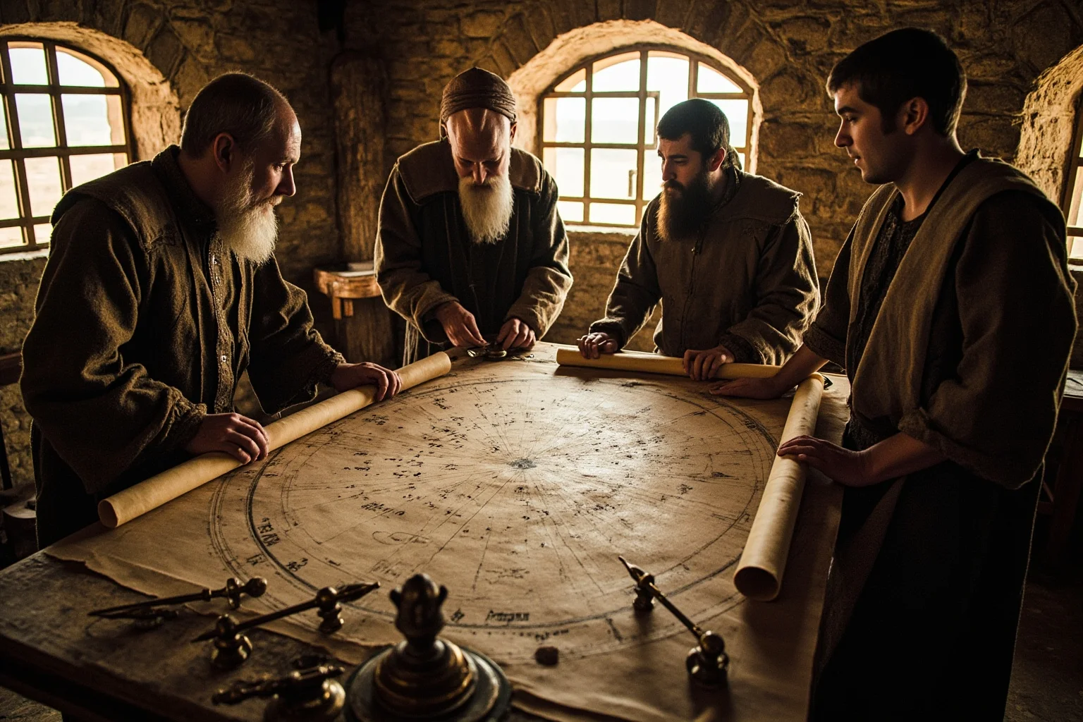 25 Times Historical Figures Predicted the End of the World 3 Twelfth-century astrologers in a stone tower studying a star chart marked with the constellation Libra, parchment scrolls and brass instruments spread across a wooden table, Iberian arched windows behind them.