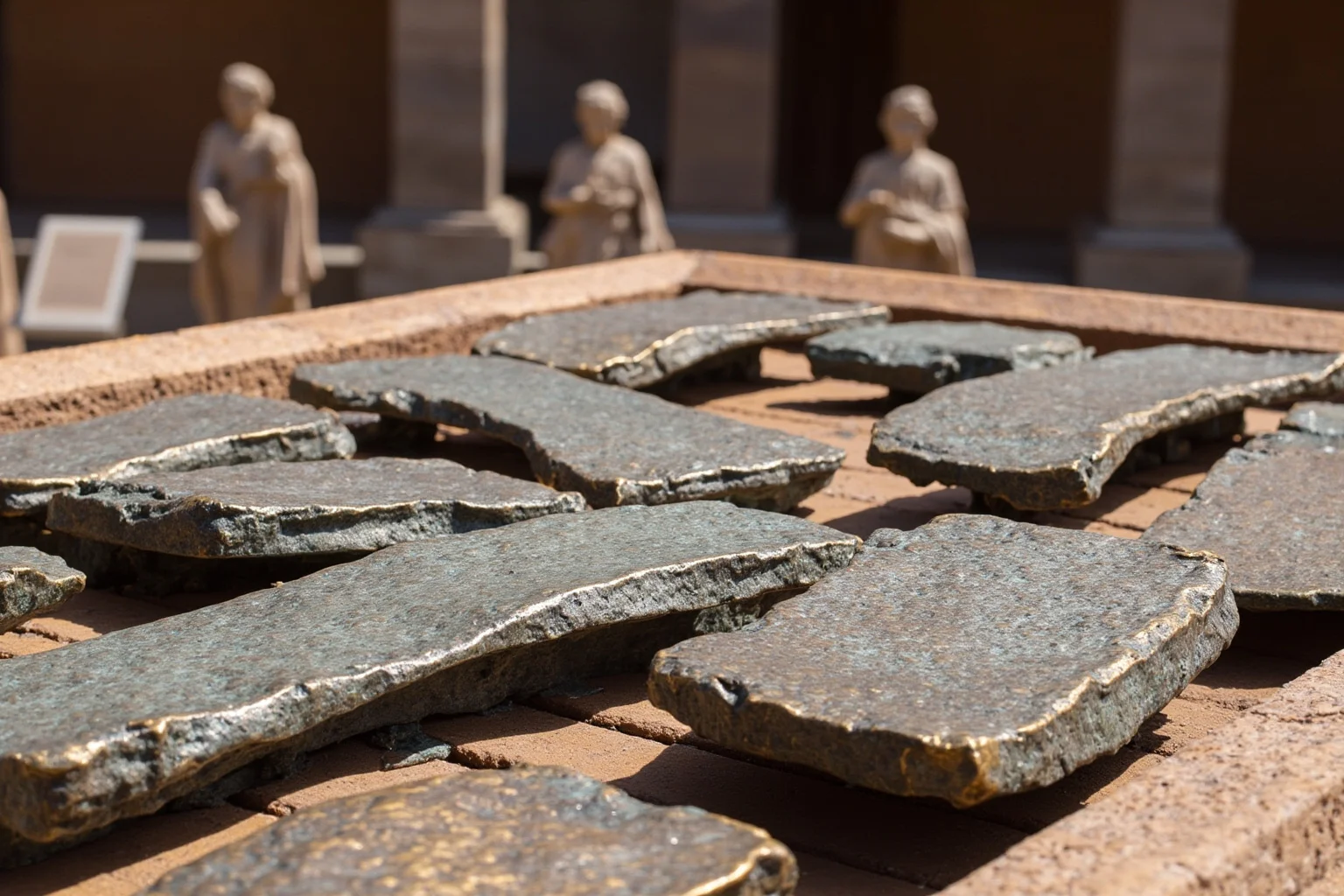 Earliest Laws We Still Practice Today: 10 First Law Codes That Shaped Modern Rules 4 Twelve bronze tablets mounted on a wooden frame in a Roman forum, with toga-clad figures reading them in the background.