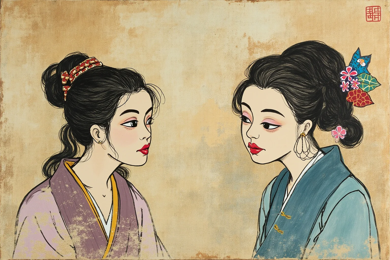 Two abstract expressionist women's profiles facing each other across a painter's easel, angular Cubist style, tense mood
