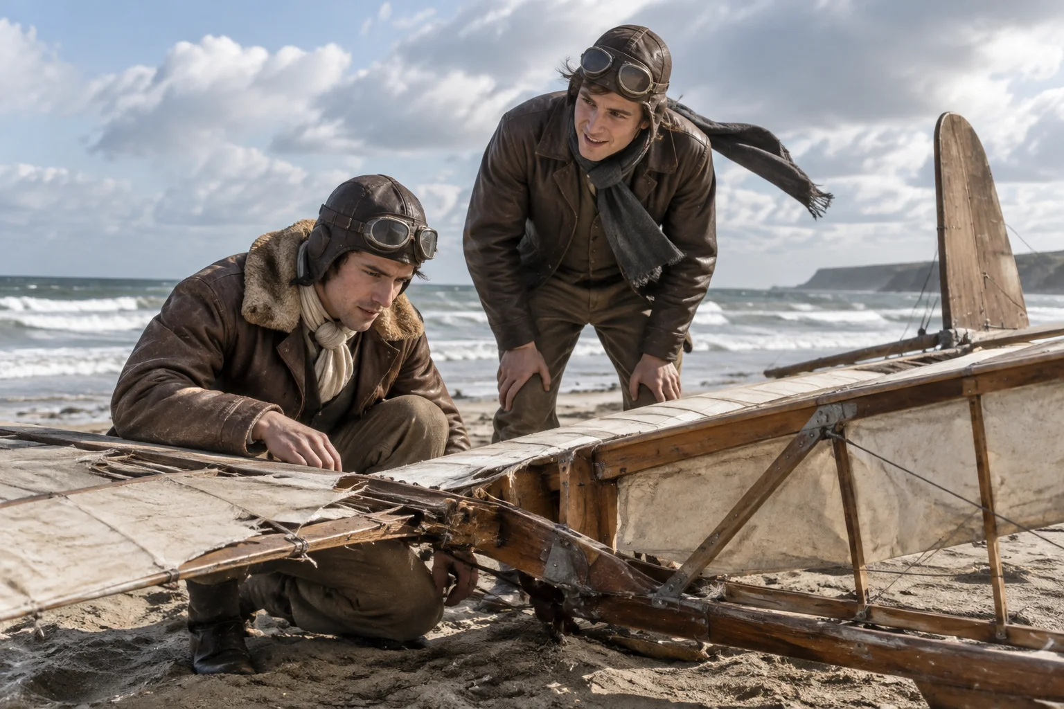 Two brothers in early 1900s aviator clothing inspecting a damaged wooden glider on a windy beach, hopeful mood