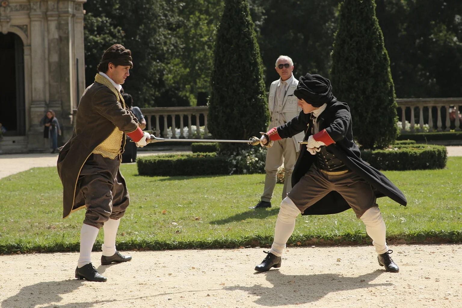 Two duelists with rapiers in a formal garden, a second watching intently, 19th-century French attire.