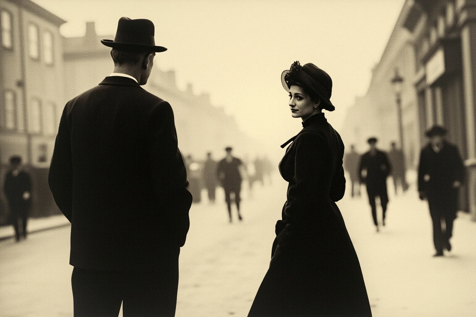 Two figures in an early twentieth-century Paris street, one tall older man seen from behind and a much younger woman, shown as silhouettes in a muted vintage illustration