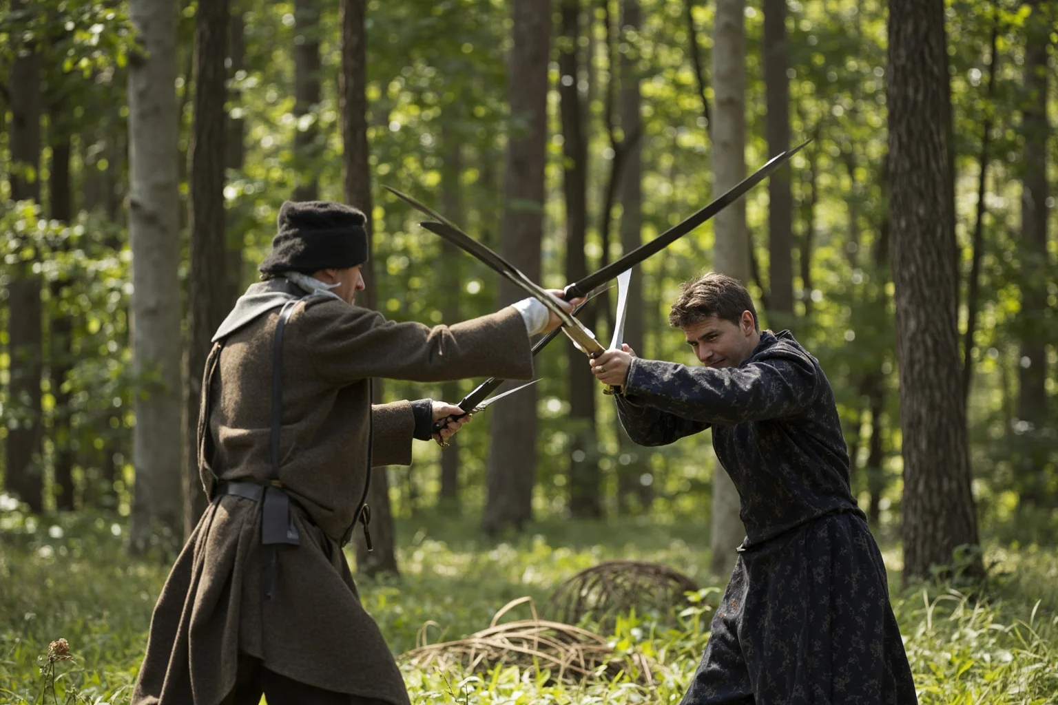 Two men dueling with sabers in a forest clearing, one using an unusual stance, 19th-century Eastern European attire.