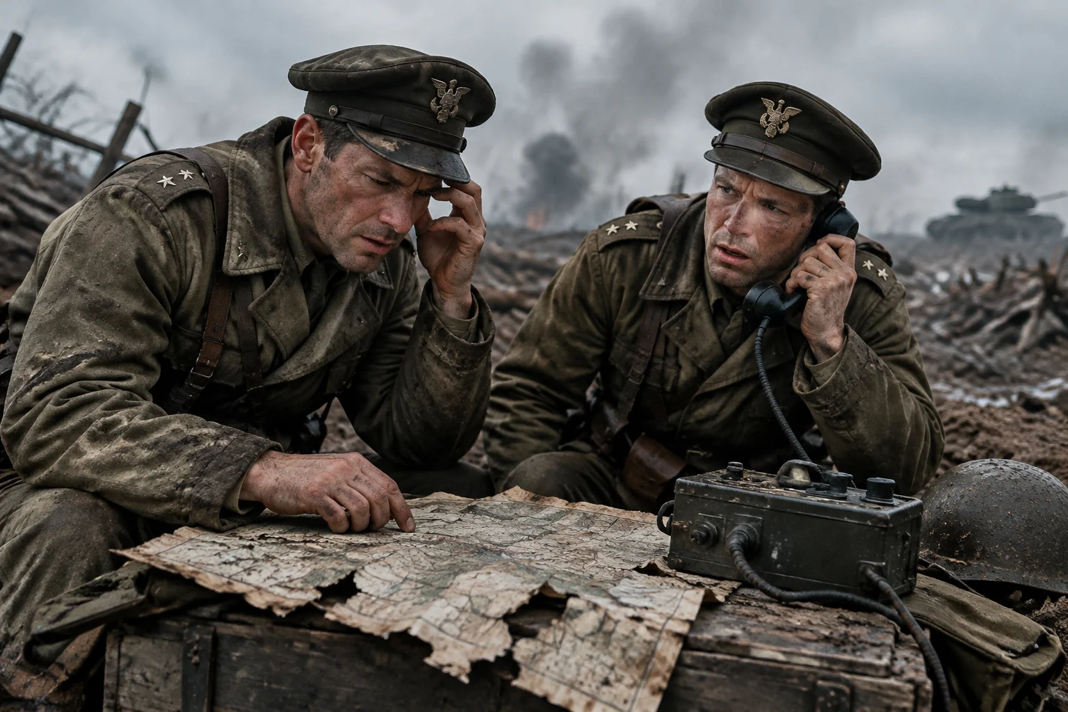 Two officers on a battlefield bent over a torn map and a field telephone, confused expressions, muted military colors