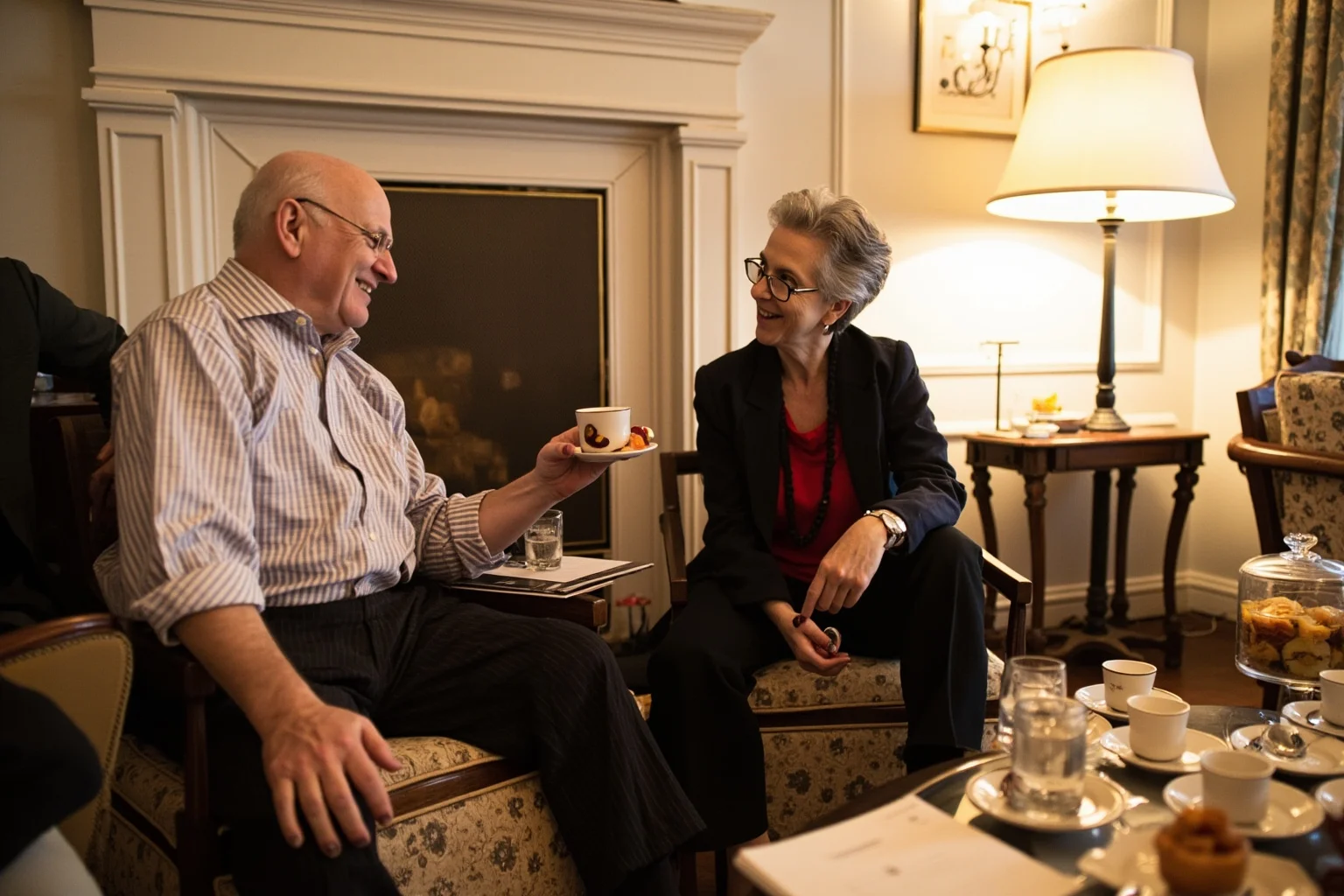 Facts You Didn't Know About Queen Elizabeth II, the World's Second-Longest Reigning Monarch 15 Two people sharing a light moment over tea in a grand drawing room, candid and warm, no identifiable faces