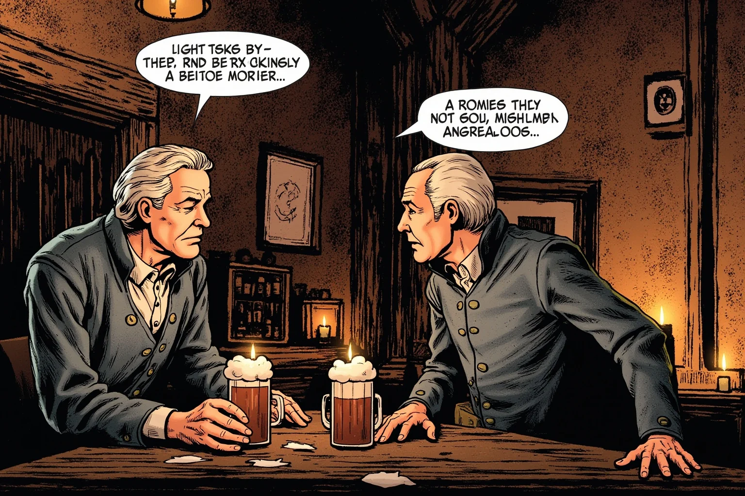 Two seconds talking earnestly in a tavern corner, trying to reconcile two gentlemen, candlelight and ale mugs.