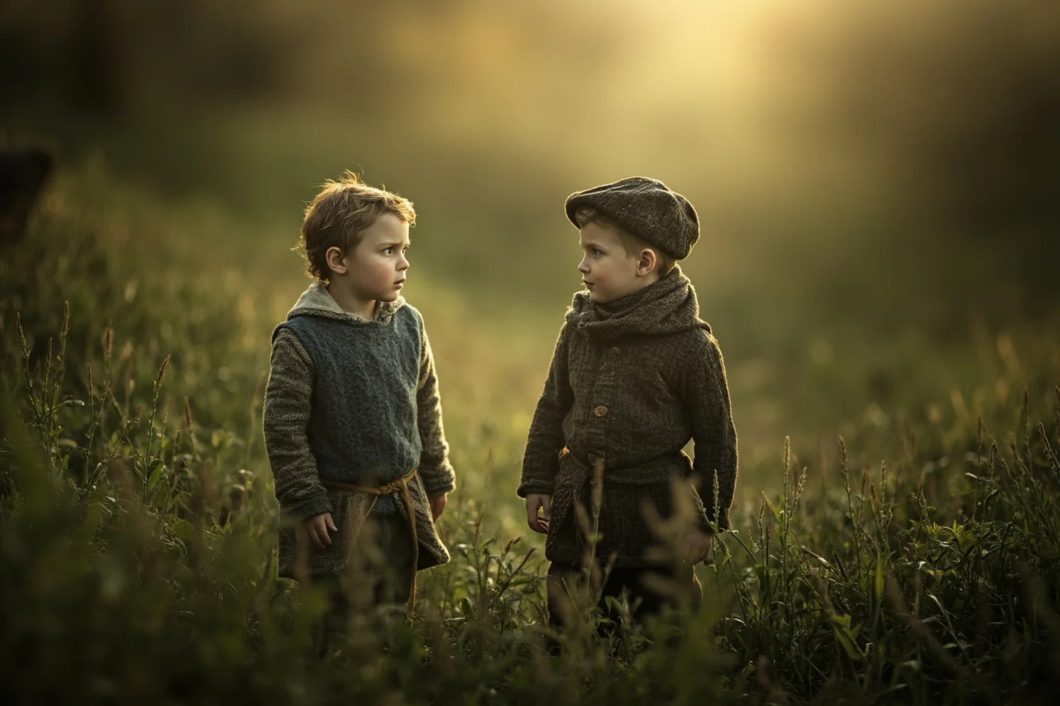 Two small children in simple medieval wool clothing standing at the edge of a green English field, backlit and mysterious