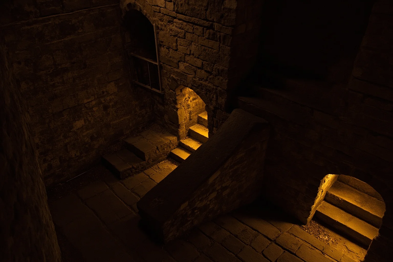 Two small stone staircases inside a medieval stone tower, dim torchlight, historic English castle interior