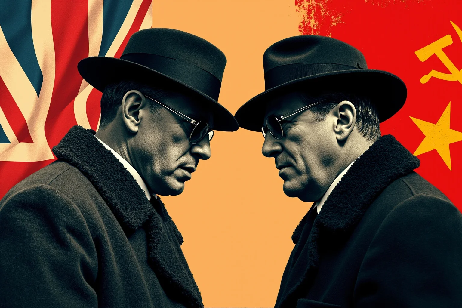 Two spies facing each other, one with a British flag, one with Soviet.
