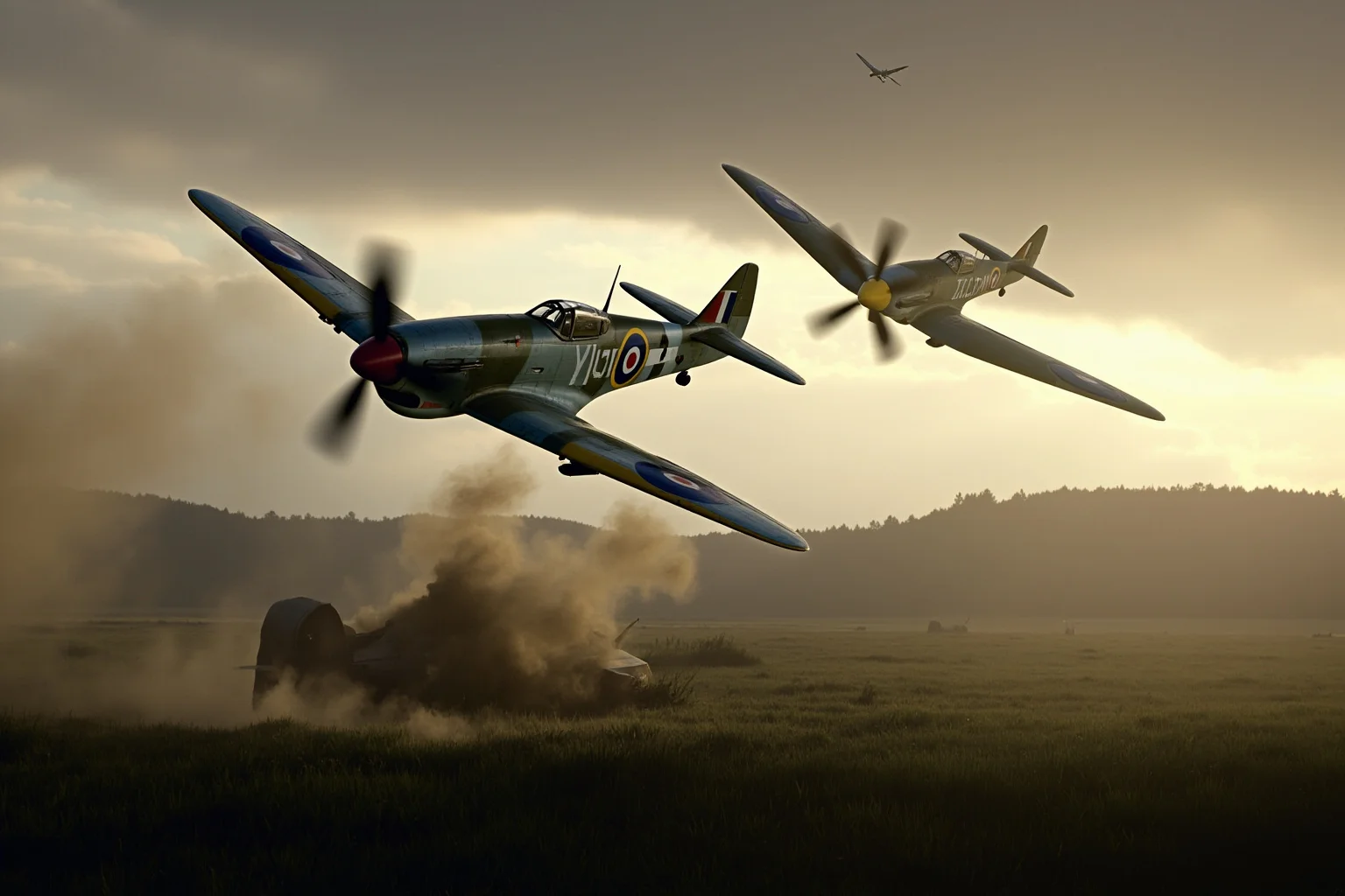 Two vintage fighter planes scrambling off a small grass airfield during a raid, dust and motion, dramatic sky