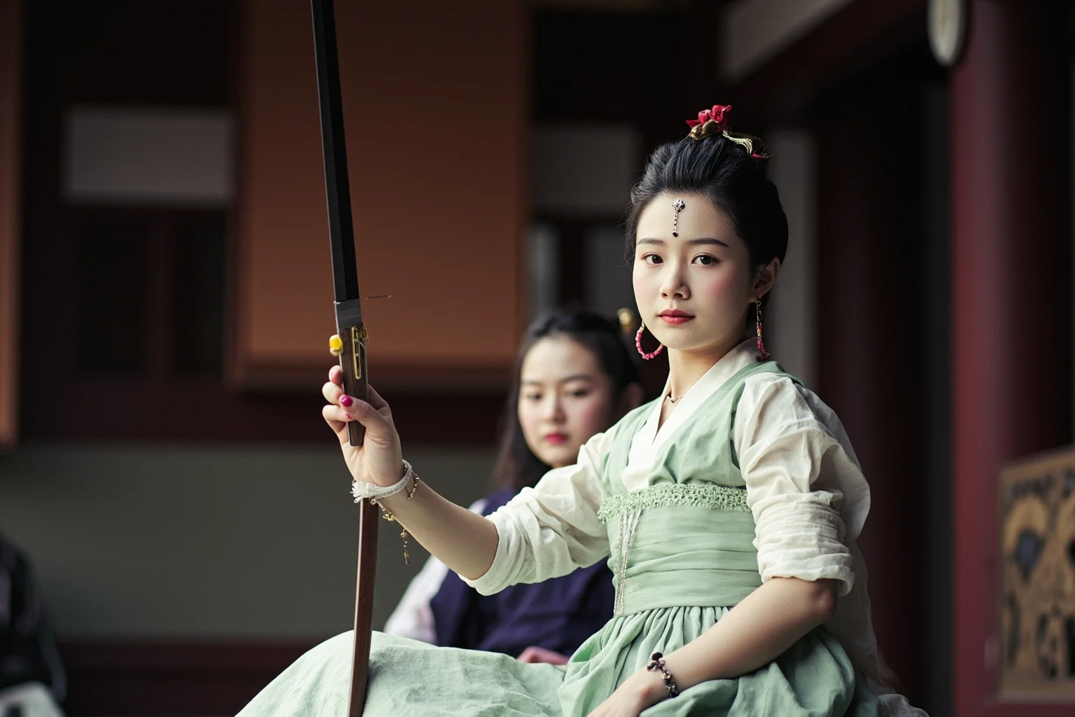 Two women in 17th-century dresses dueling with swords in a moonlit courtyard, dramatic and rare historical moment.