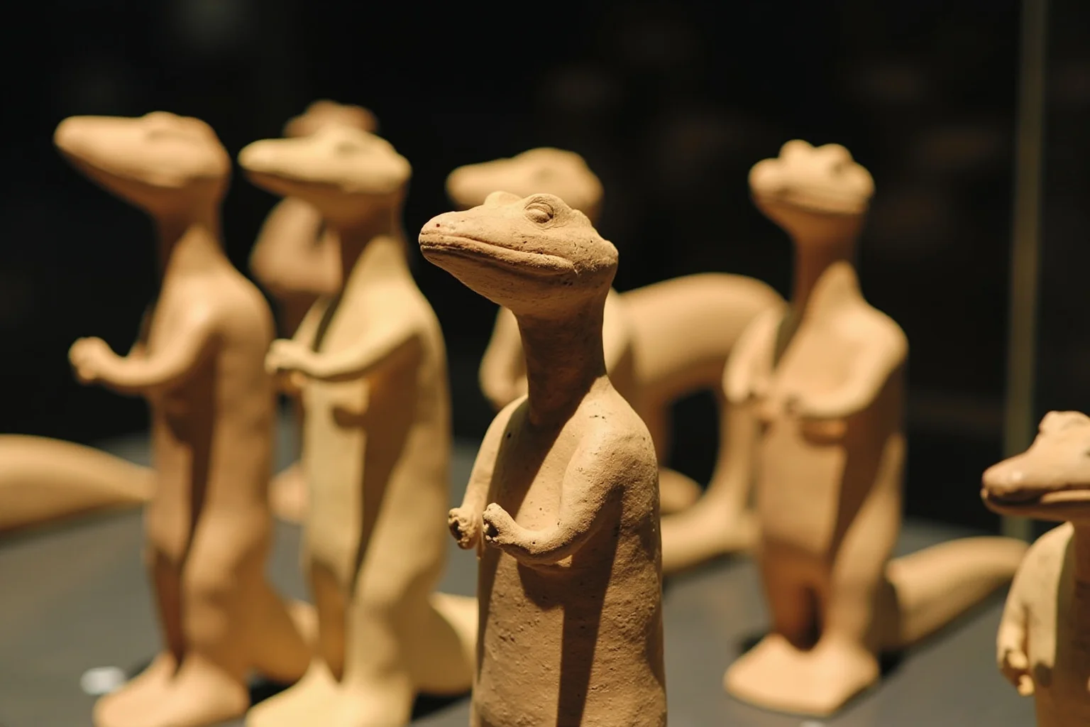 Ubaid lizard figurines from Iraq, humanoid with lizard-like heads, ancient clay, museum display, photorealistic