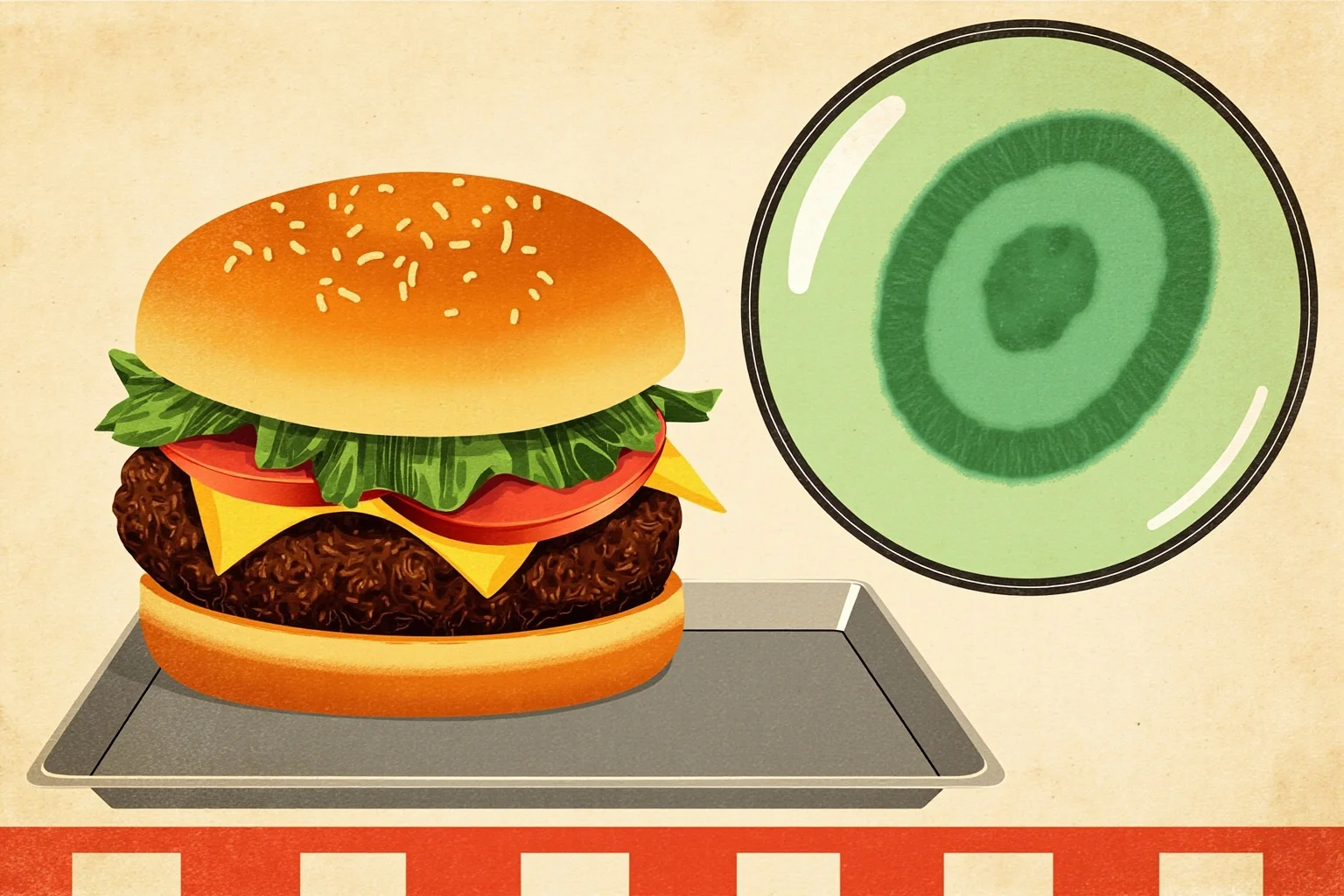 Undercooked hamburger on a diner tray beside a magnified E. coli bacterium illustration, retro educational style