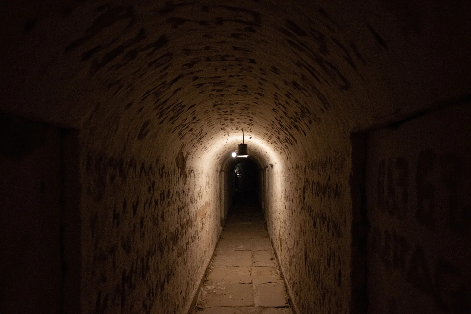 23 Ancient Graffiti Messages That Sound Shockingly Modern 19 Underground Roman catacomb corridor with scratched names and early Christian symbols on plaster, lantern light, no people.