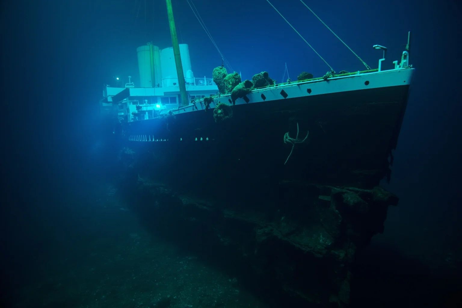 The Sinking of the Titanic: How the Unsinkable Ship Fell to the Ocean Floor 3 Underwater scene of the Titanic wreck on the ocean floor, rusticles hanging from the hull, deep blue darkness, submersible lights illuminating the bow section, realistic but respectful.