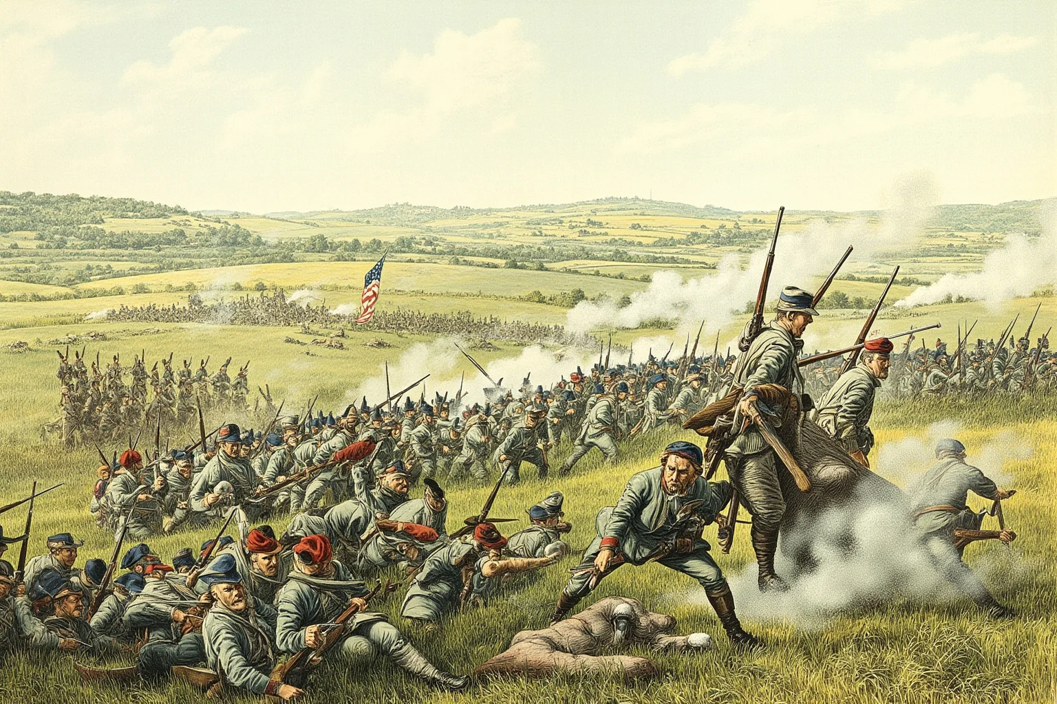 25 Epic Battles of History: The Greatest Clashes That Shaped Our World 25 Union and Confederate soldiers fighting across rolling Pennsylvania farmland at the Battle of Gettysburg, 1863, historical illustration