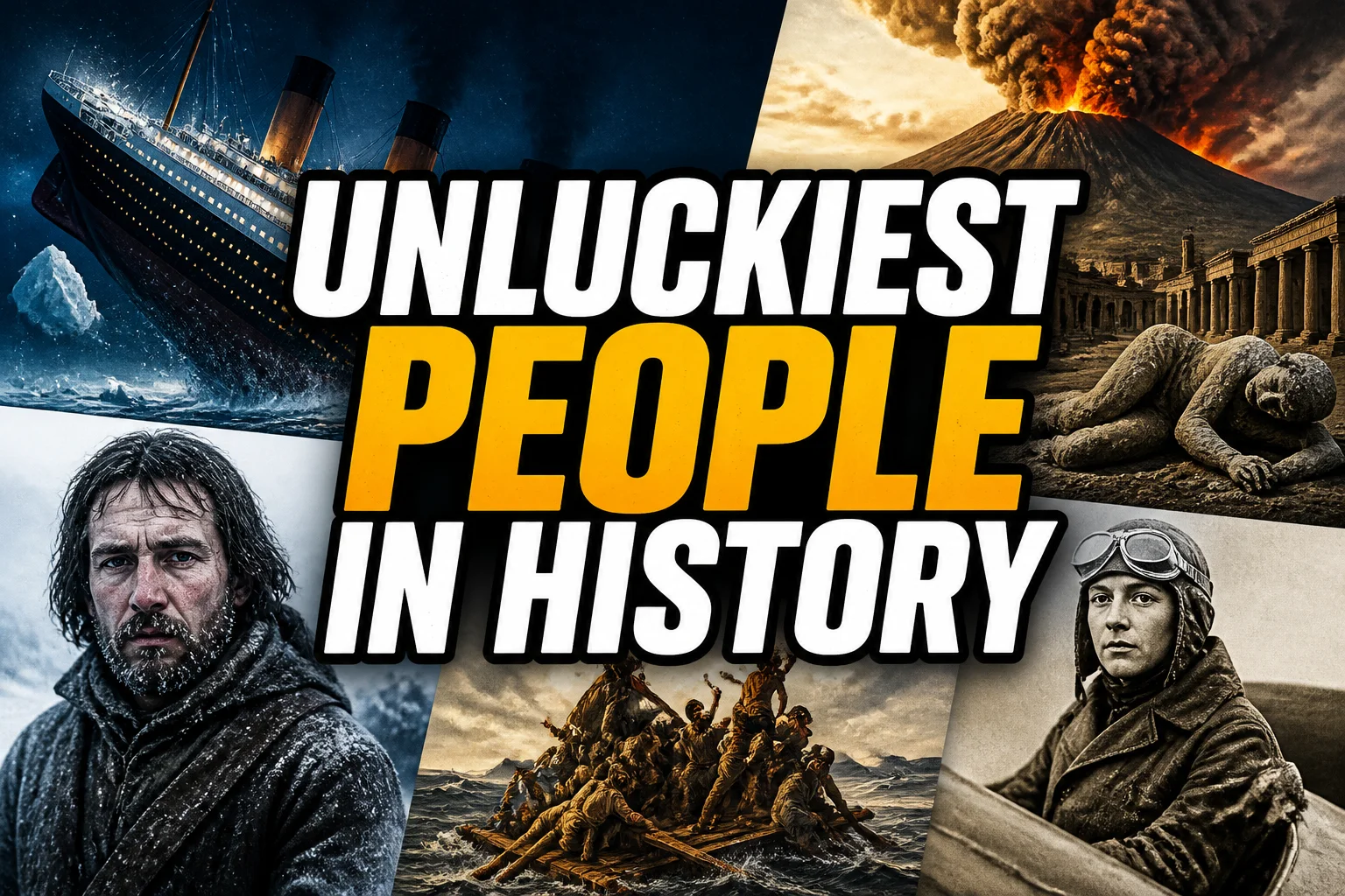 A bold, high-impact blog featured image in the style of a professional YouTube thumbnail or documentary poster. Create a dramatic photo-collage montage of 3-5 distinct historical scenes, subjects, or artifacts directly relevant to "Unluckiest People in History: 20 True Stories of Bad Breaks and Impossible Survival" — vivid, cinematic documentary-photography style, rich color grading, high contrast, dynamic diagonal composition blending the scenes together. Overlay a large, bold, stacked headline of text on top reading exactly: "UNLUCKIEST PEOPLE IN HISTORY". Render the headline in a heavy, condensed, high-contrast font with a black outline/stroke for legibility, mixing white text with a single vibrant accent color (gold, red, or orange) on the most important word or phrase for emphasis, spelled correctly. The headline text must be the dominant visual element — large, bold, and easy to read even at small thumbnail size. Vibrant, punchy, professional commercial photography and graphic-design composition. 16:9 landscape. Keep the headline text within the vertical center safe zone, away from the very top and bottom edges of the frame, since the image may be cropped afterward. No watermarks, no logos, no extra captions or invented text beyond the headline itself.