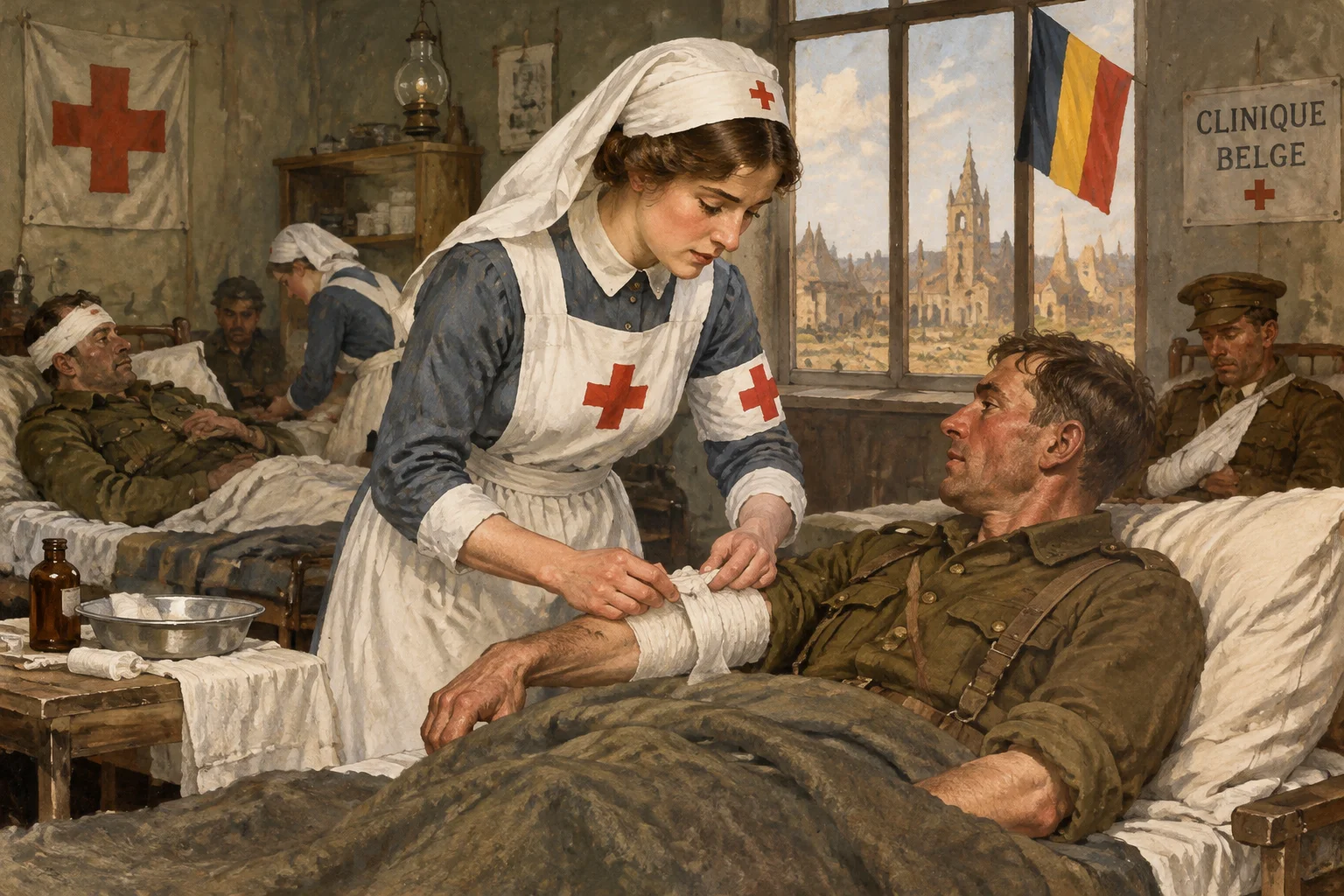 A vintage-style illustration of a British nurse helping wounded soldiers in a Belgian clinic during WWI, safe for work.