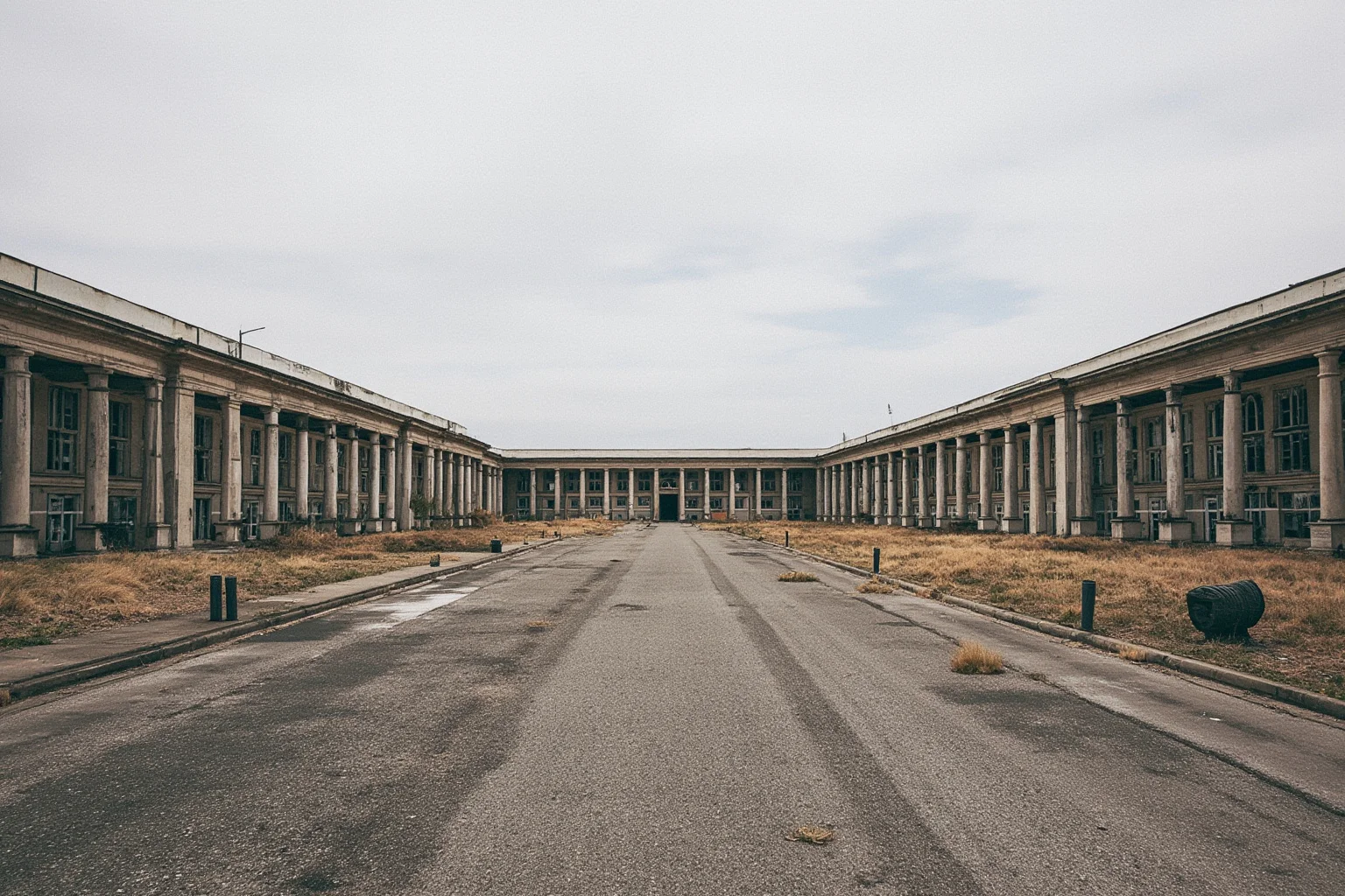 Vast abandoned institutional building with a long colonnade and shattered windows, weeds pushing through pavement, flat grey light, no people, photorealistic.