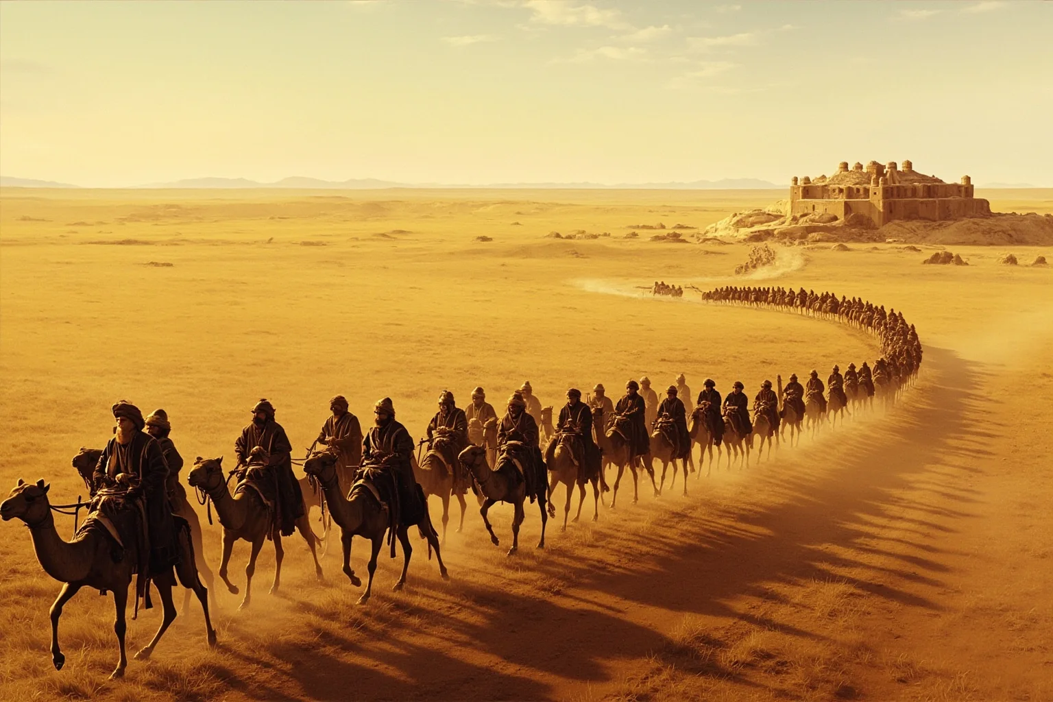 Most Peaceful Periods In History: The 10 Most Chaotic Eras That Broke The Calm 3 Vast Eurasian trade caravan crossing a steppe at dawn, camels and silk bundles, fortified Mongol-era waystation in the distance, wide tranquil landscape, historical illustration style