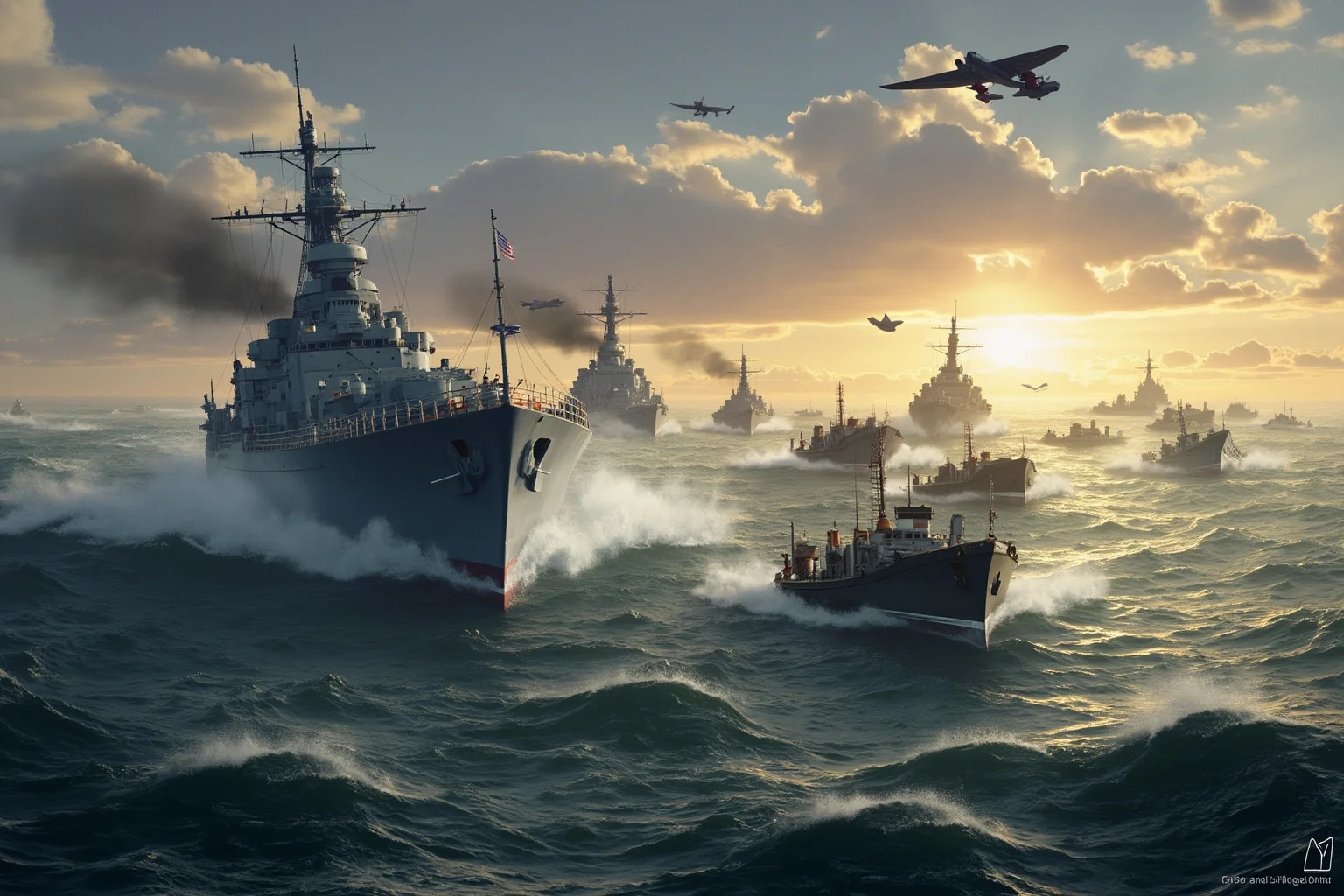 The Turning Point? 20 Facts About the Battle of Normandy 3 Vast fleet of Allied warships and landing craft crossing a choppy English Channel at dawn, historical illustration style