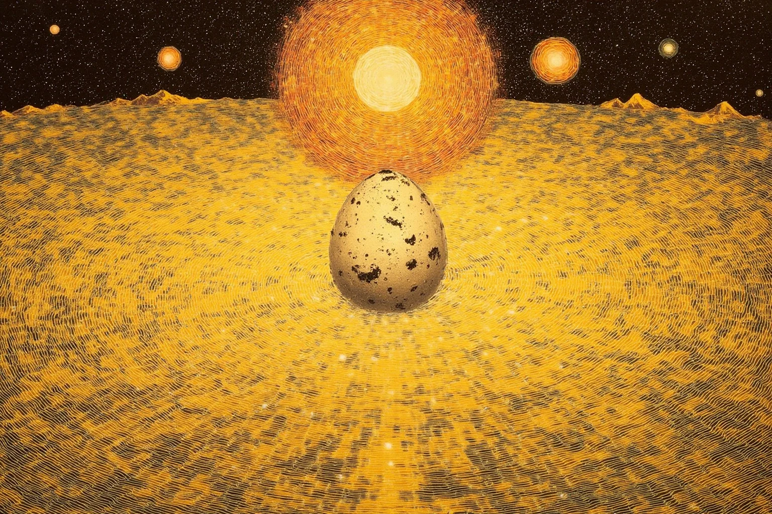 Vedic cosmic egg floating in a swirling golden ocean, Mount Meru and concentric heavens, ancient Indian manuscript-inspired illustration, no text.