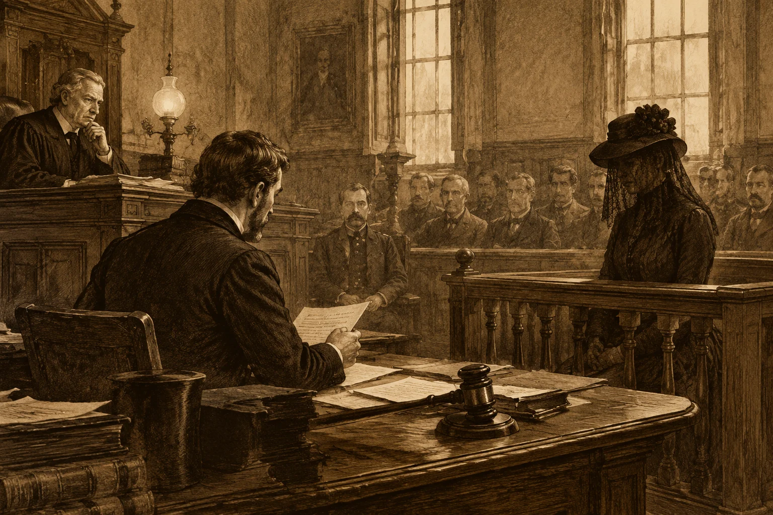 Victorian courtroom scene with a mysterious claimant in the dock, gavel and papers, sepia historical illustration