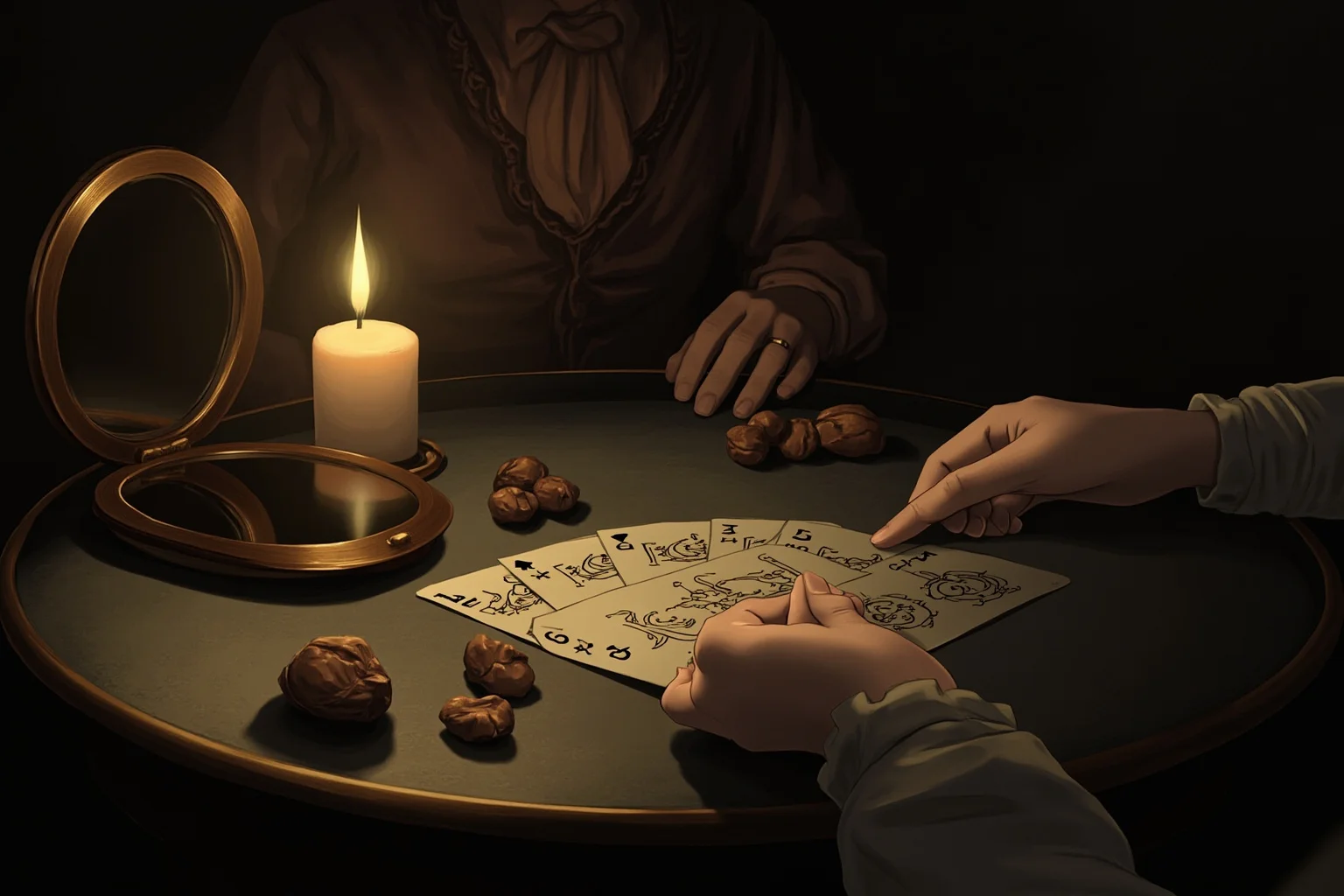 Victorian-era parlor fortune-telling scene with cards, nuts, and a mirror on a table, candlelight, moody historical illustration, no text