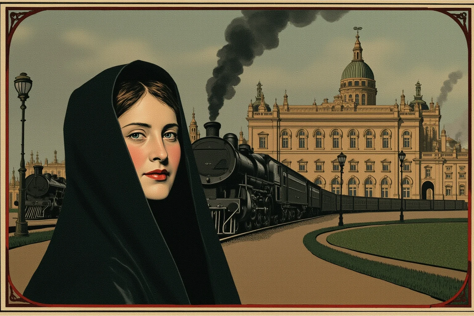 Victorian-era royal scene with a black-clad figure in a widow's veil, a grand palace, gas lamps and steam trains in the background, illustrated style