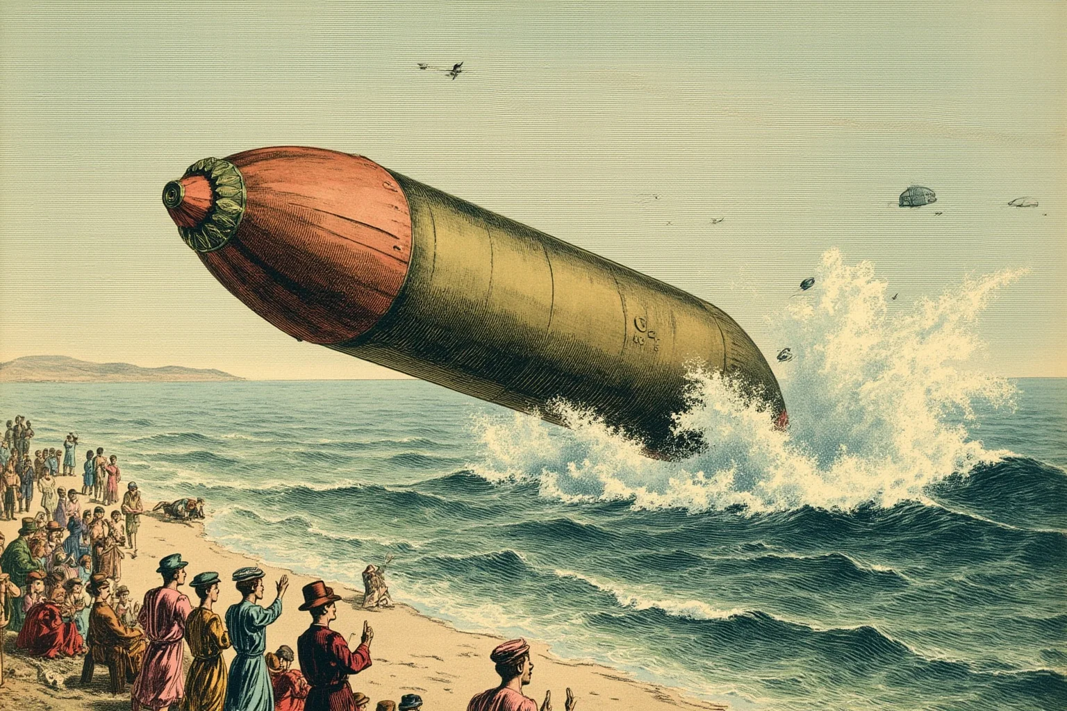 Victorian-era space capsule splashing into the ocean with a crowd watching from a beach, retro-futuristic illustration