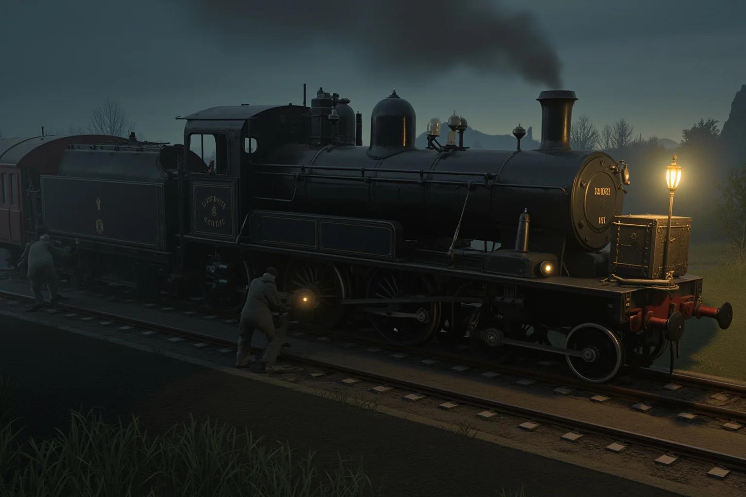 Victorian-era steam train at a rural railway station at dusk, porters loading heavy iron-bound strongboxes into a guarded carriage, gas lamps, fog, moody period illustration.