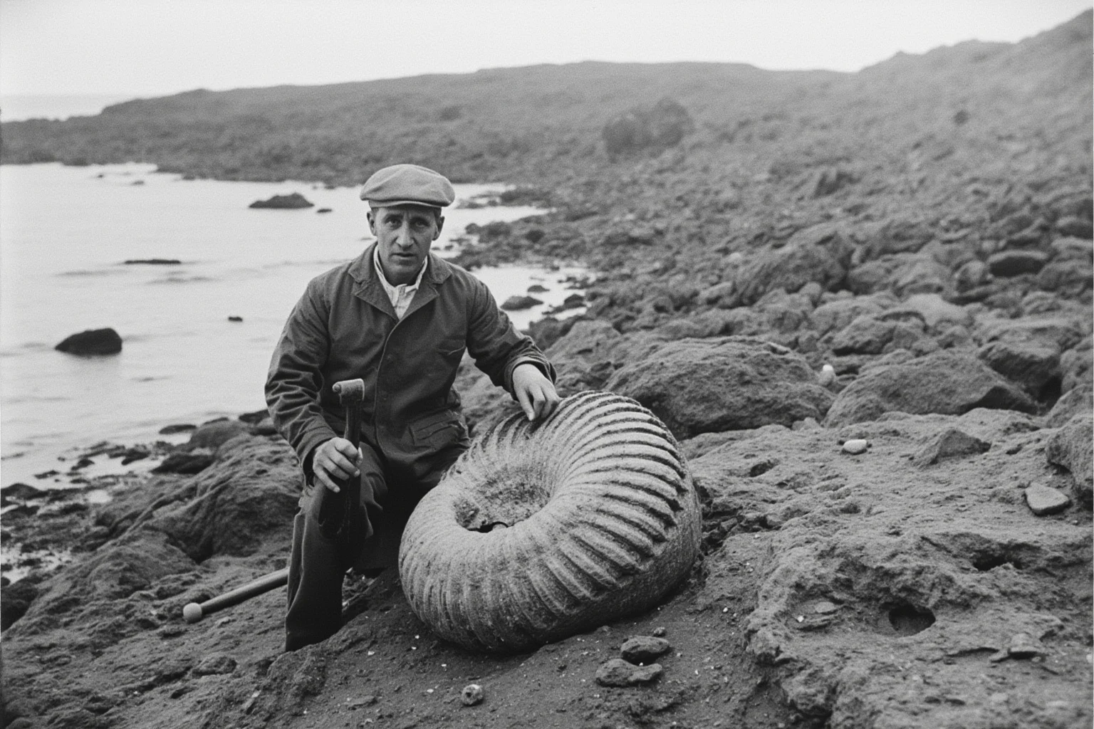 Victorian fossil hunter kneeling on a rocky English beach with a hammer and chisel beside a large ammonite fossil