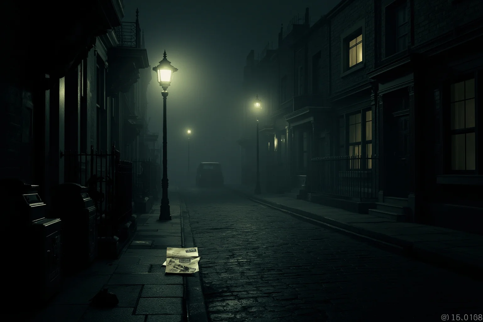 Victorian London East End street at night with gas lamps and a mysterious letter on cobblestones, foggy atmosphere