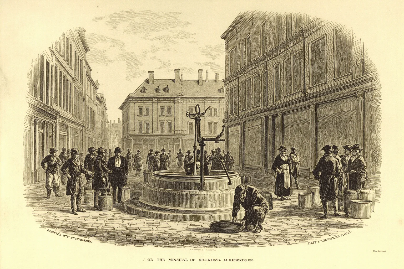 Victorian London street scene around a water pump in 1854 with people gathering buckets, sepia illustration style