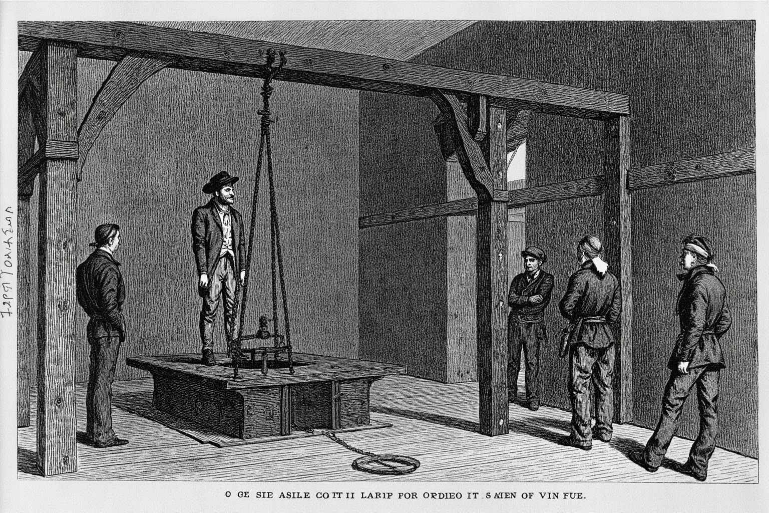 Executions Gone Horribly Wrong: 28 Botched Executions That Shocked History 13 Victorian prison illustration of a wooden gallows platform with a jammed trapdoor, a condemned man standing calmly, warders looking on, cold grey light.