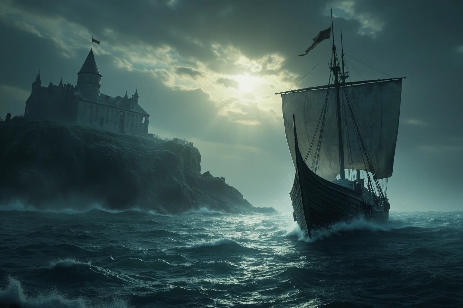 Most Peaceful Periods In History: The 10 Most Chaotic Eras That Broke The Calm 8 Viking longship approaching a coastal monastery at dawn under a grey sky, cold northern sea, tense and moody lighting, historical illustration style