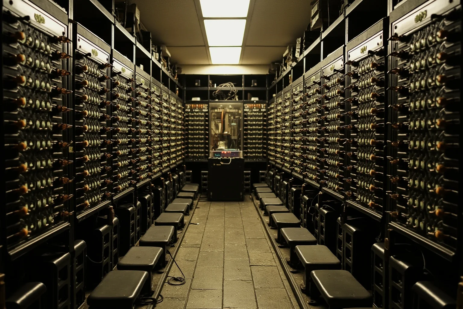 Things Americans Did First Before Any Other Country 8 Vintage 1940s computer room filled with rows of vacuum tubes and cables representing the ENIAC machine.