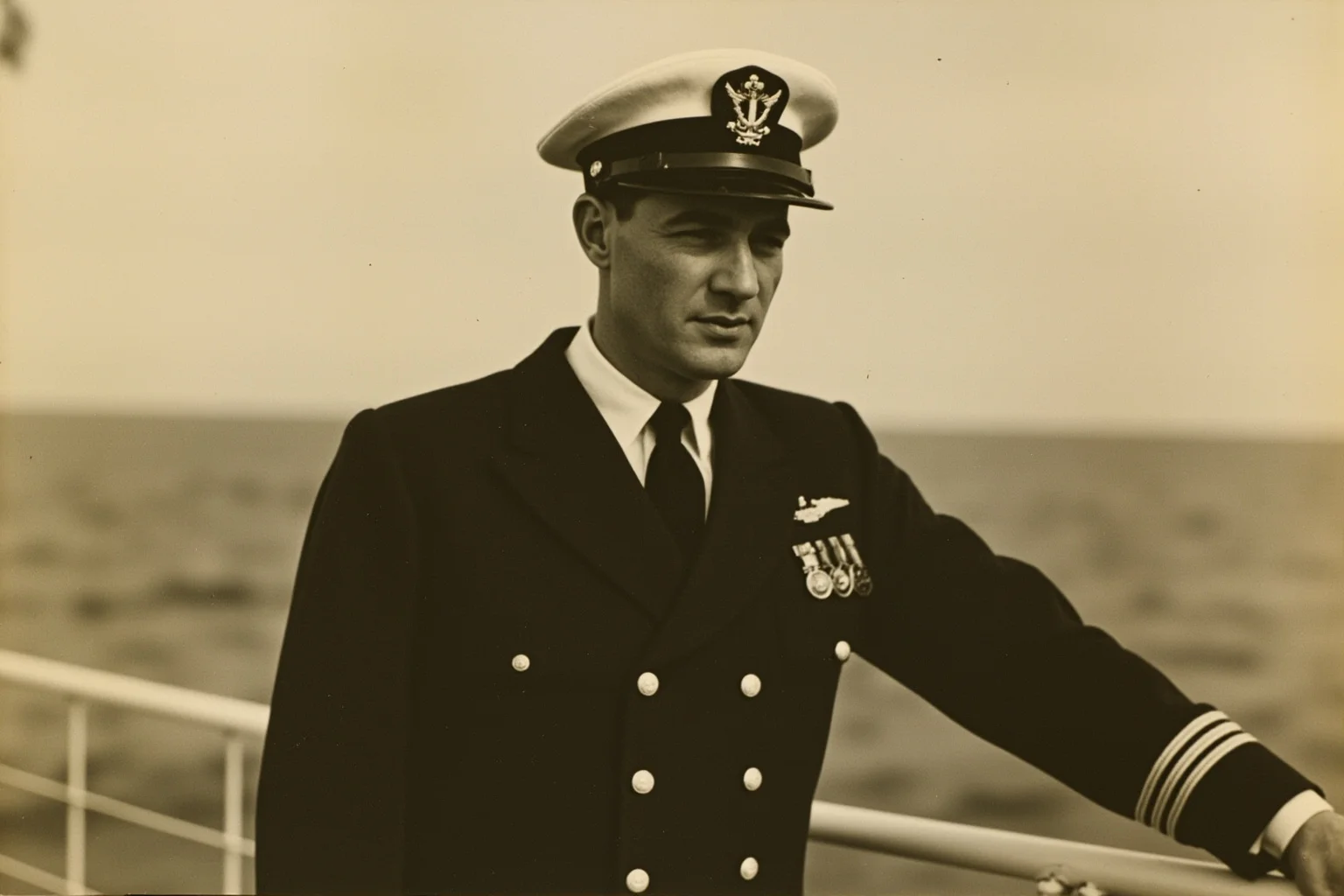 Vintage 1940s Navy officer portrait silhouette aboard a ship deck, medals and uniform, no identifiable face, sepia tone