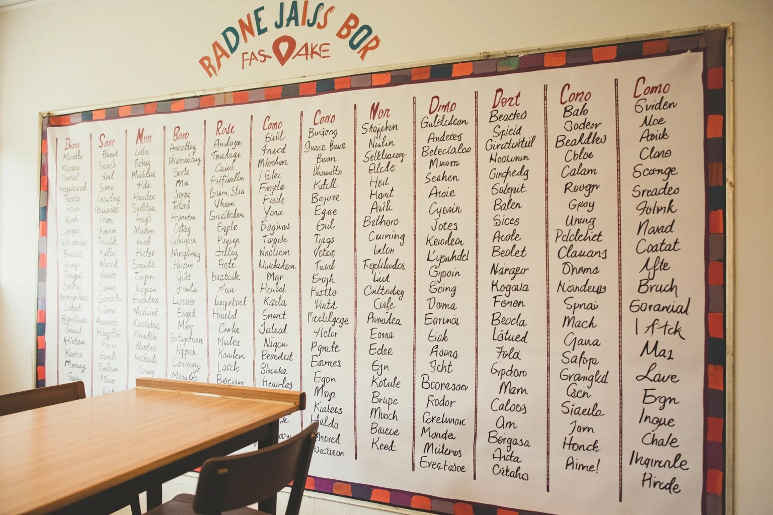 Vintage baby-name board with rows of popular 1950s names on a classroom wall, playful retro style