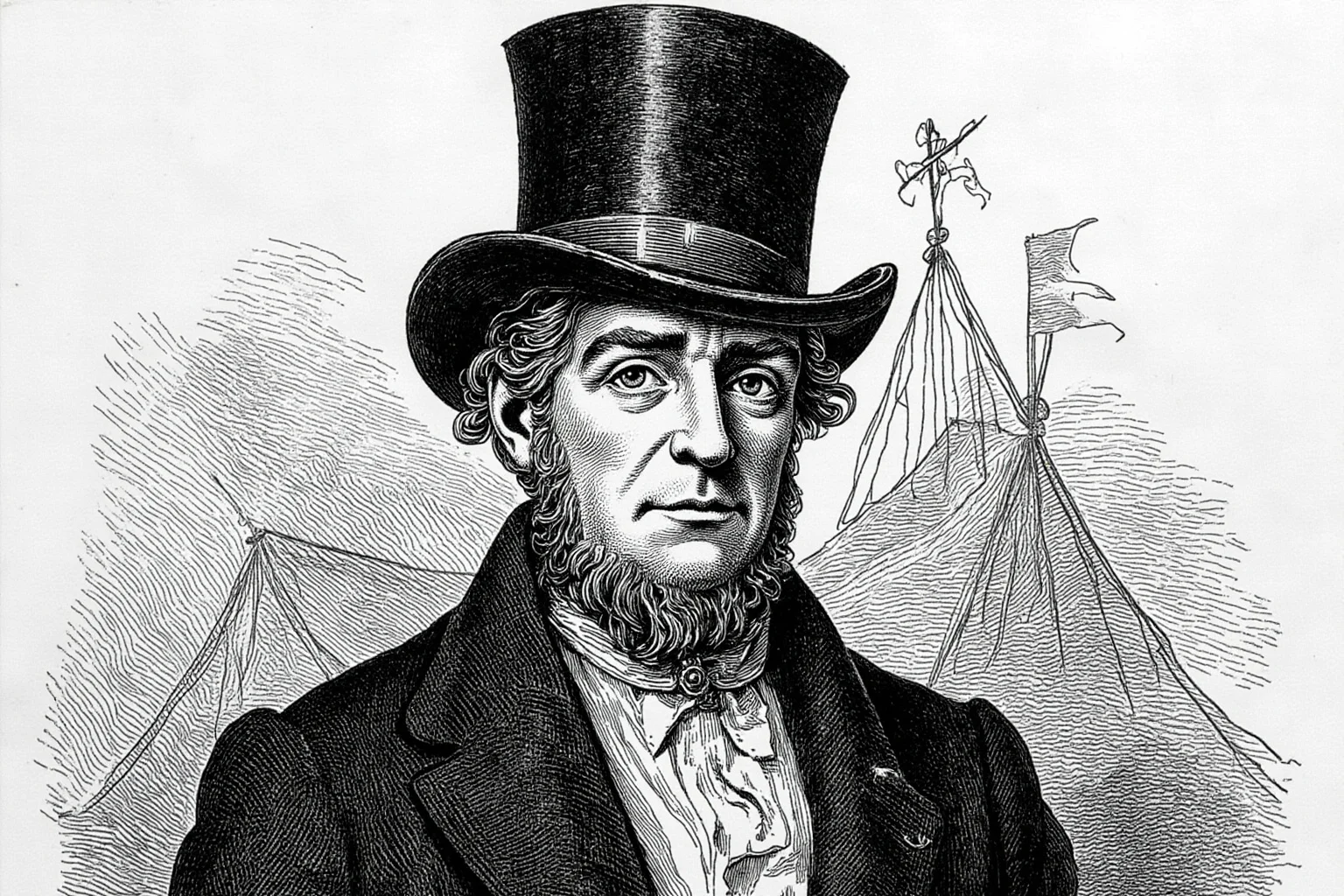 Charles Farrar Browne: America's First Stand-Up Comedian 2 Vintage engraving of a fictional traveling showman character in a battered top hat and coat, carnival tents behind him, exaggerated but generic face, 1860s print style