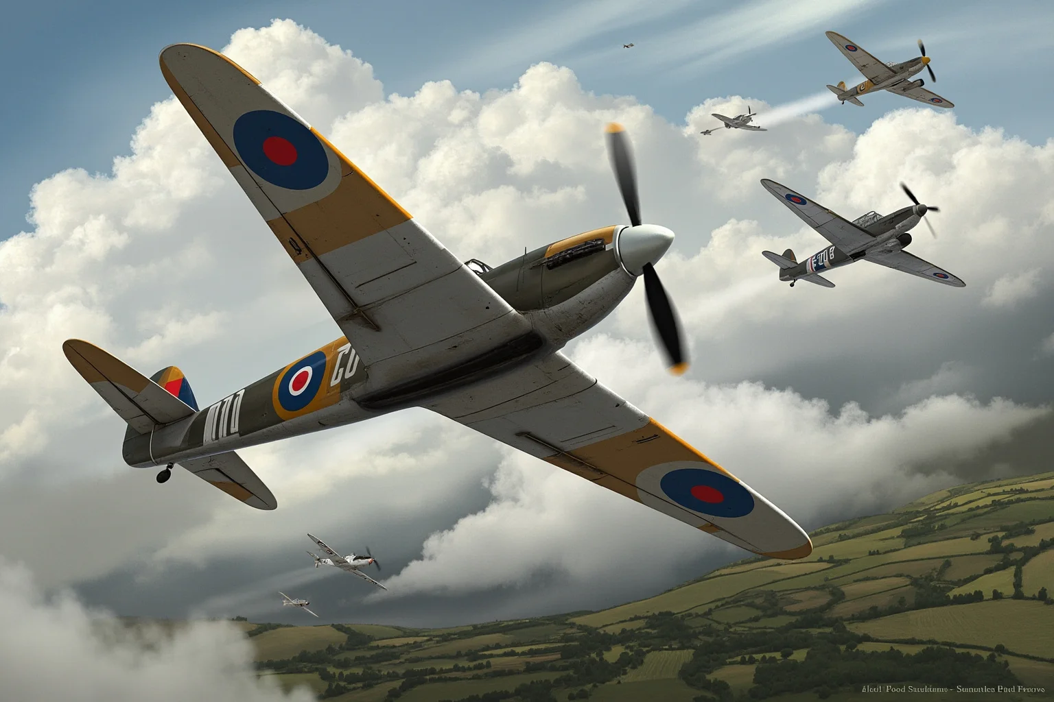 The Greatest Underdog Stories in History: 20 Unlikely Wins That Still Inspire 6 Vintage fighter planes flying over the English countryside during a 1940s air battle, dramatic clouds, historical illustration.