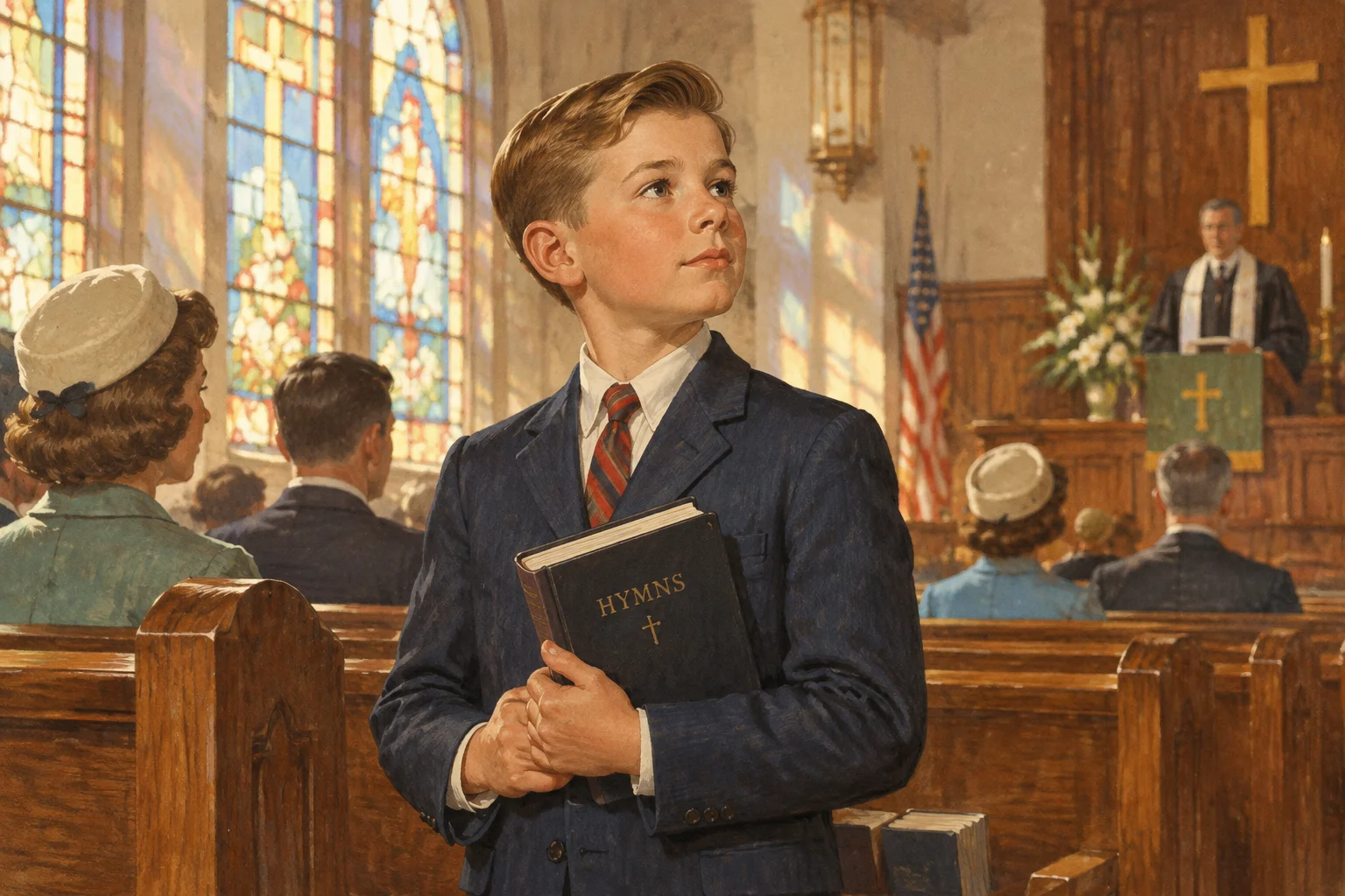 Vintage illustration of a 1960s church interior, a young boy in a Sunday suit holding a hymnal, soft stained-glass light, mid-century American setting.