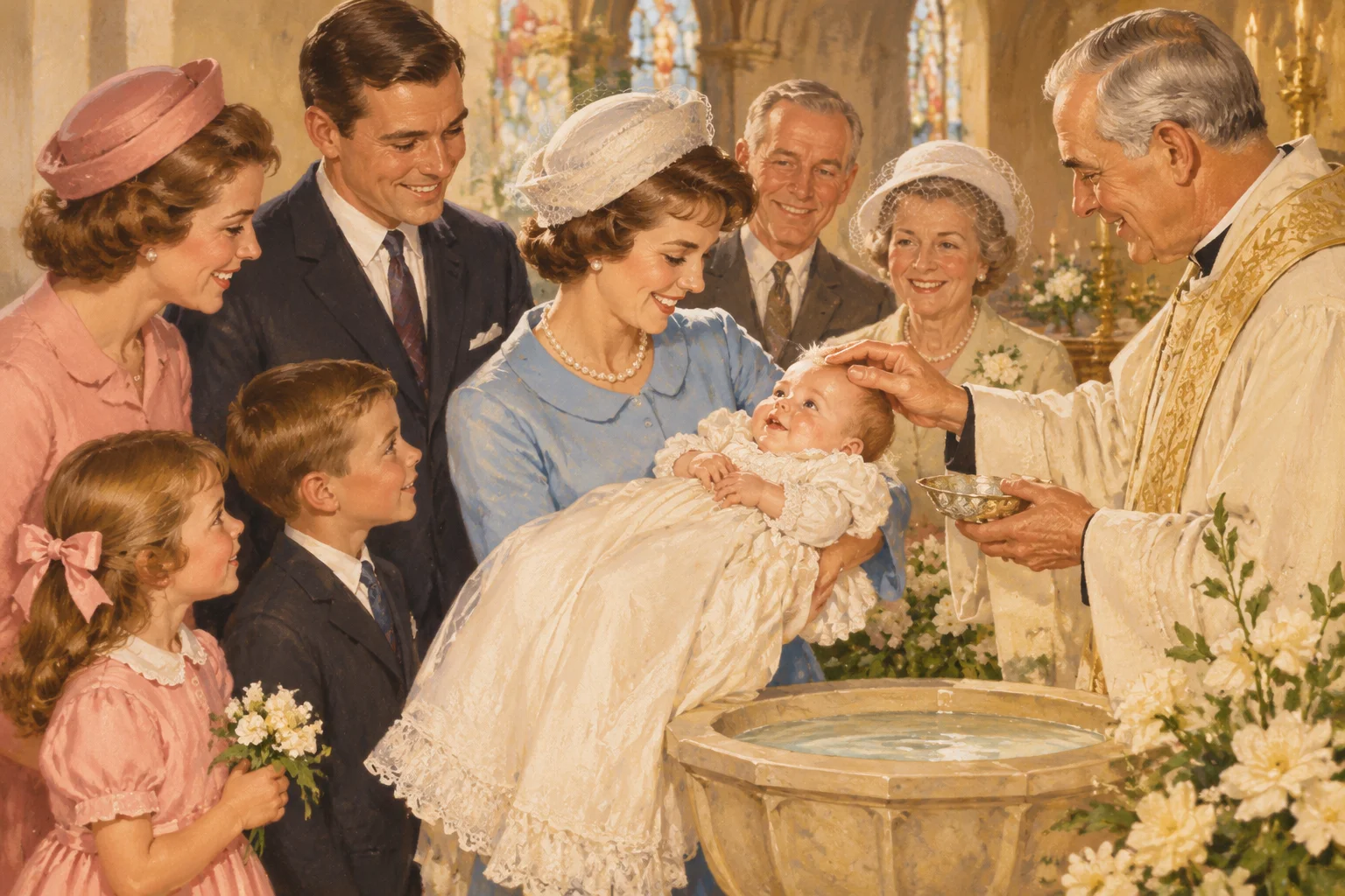 Vintage illustration of a 1960s family christening celebration, a baby in a white gown surrounded by relatives, soft warm light, no readable text.