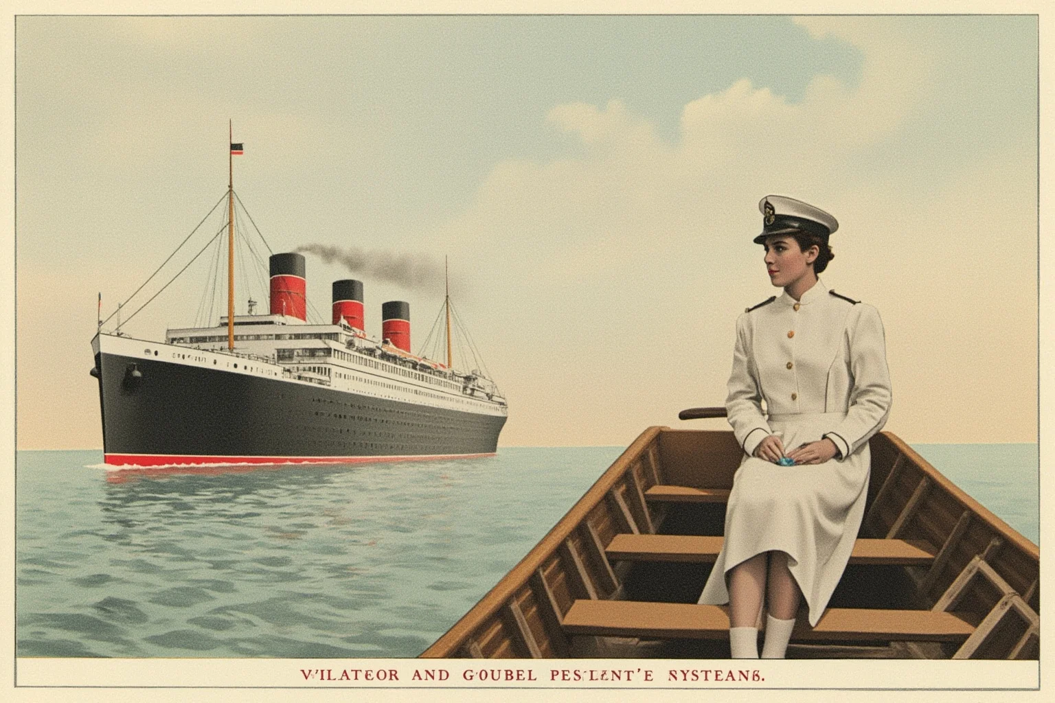 Vintage illustration of an early 20th-century ocean liner and a lifeboat on calm water, with a stewardess in a period uniform seated in the boat