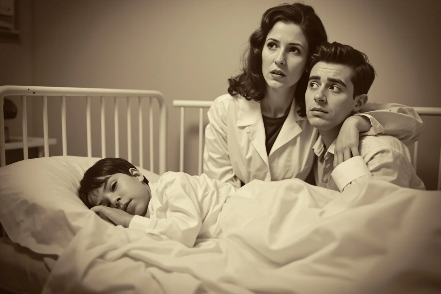 Vintage nursery scene of a child resting in bed with a concerned parent and a doctor, soft sepia tones